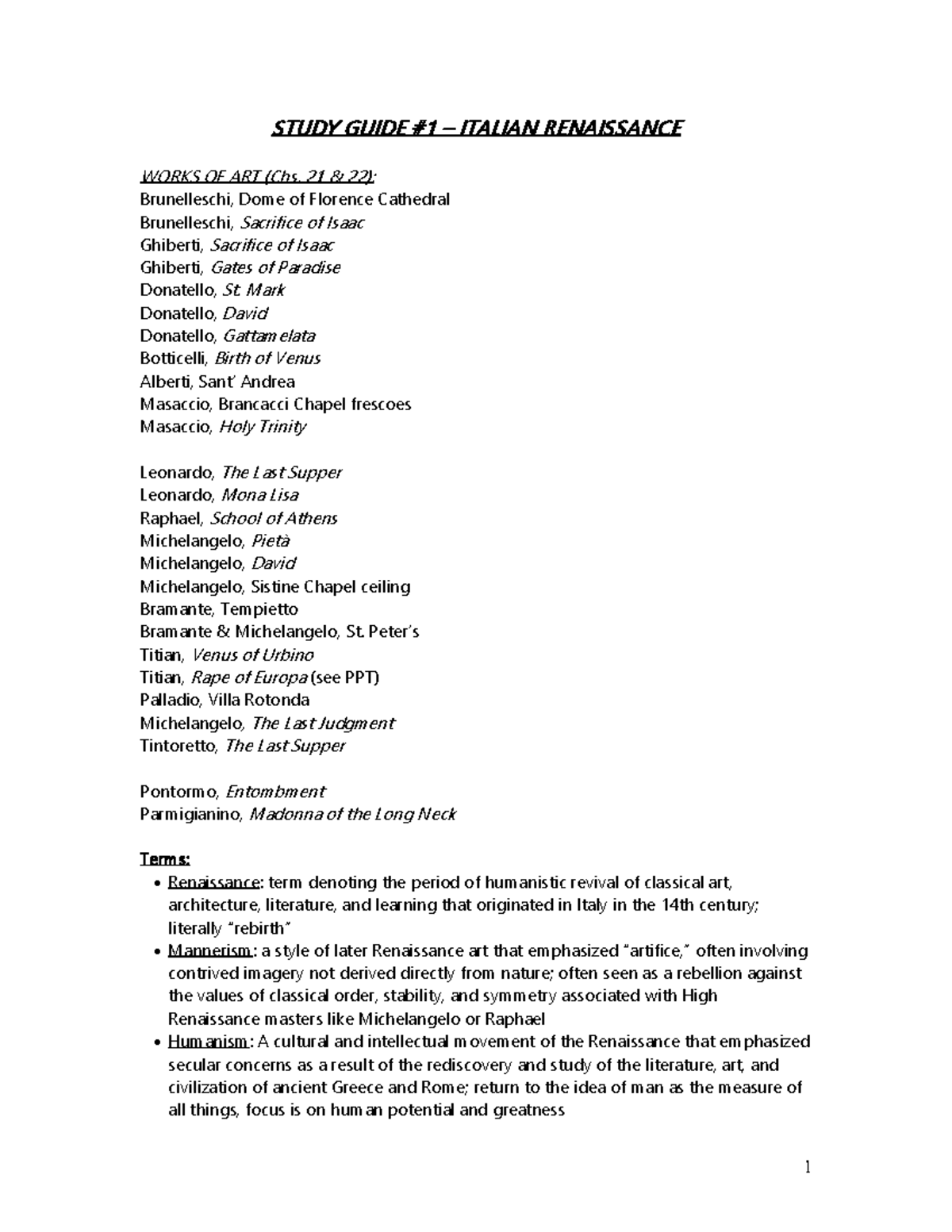 STUDY GUIDE #1: ITALIAN RENAISSANCE ART (Chs. 21 & 22) Overview - Studocu