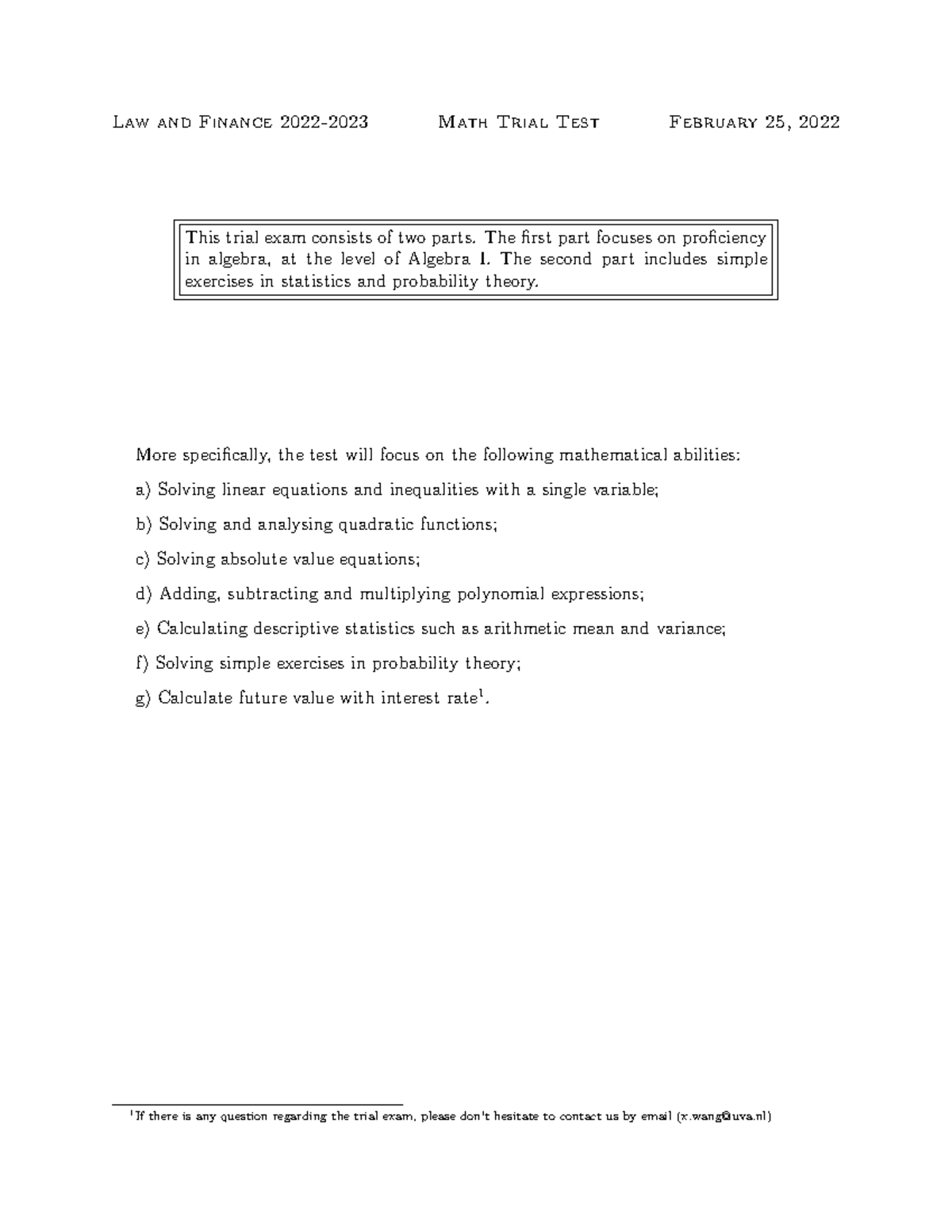 Law and Finance 2022-2023 Math Trial Test - Algebra & Stats Focus ...