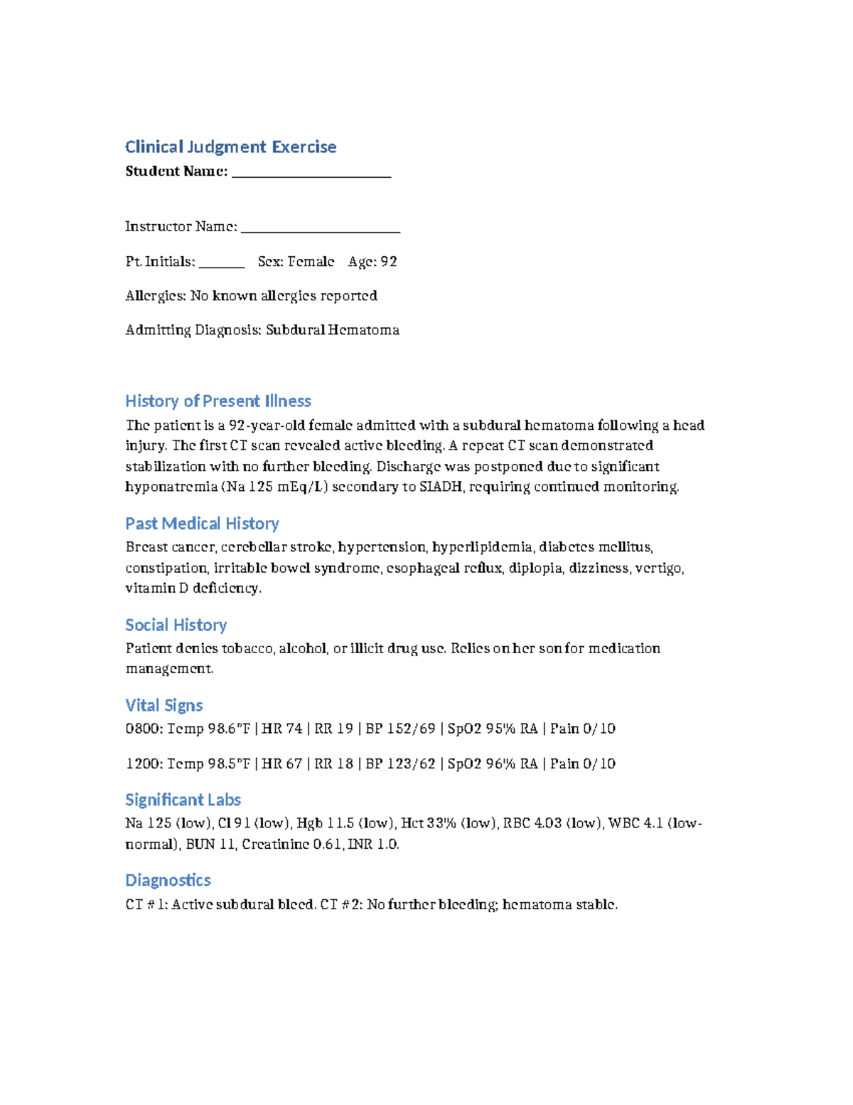 Clinical Judgment Exercise: Subdural Hematoma Case Study - Studocu