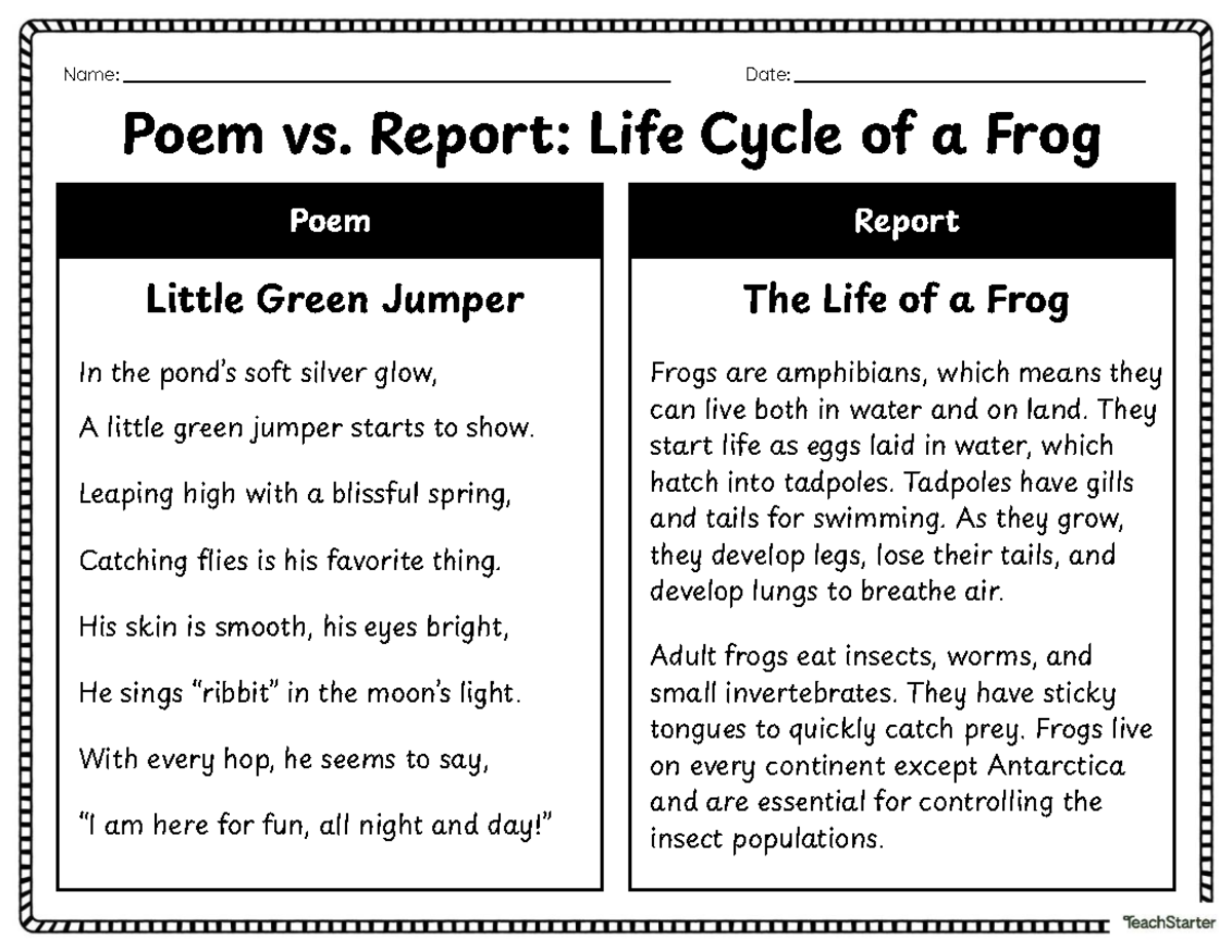 Comparing Poem & Report: Life Cycle of a Frog (ENG 101) - Studocu