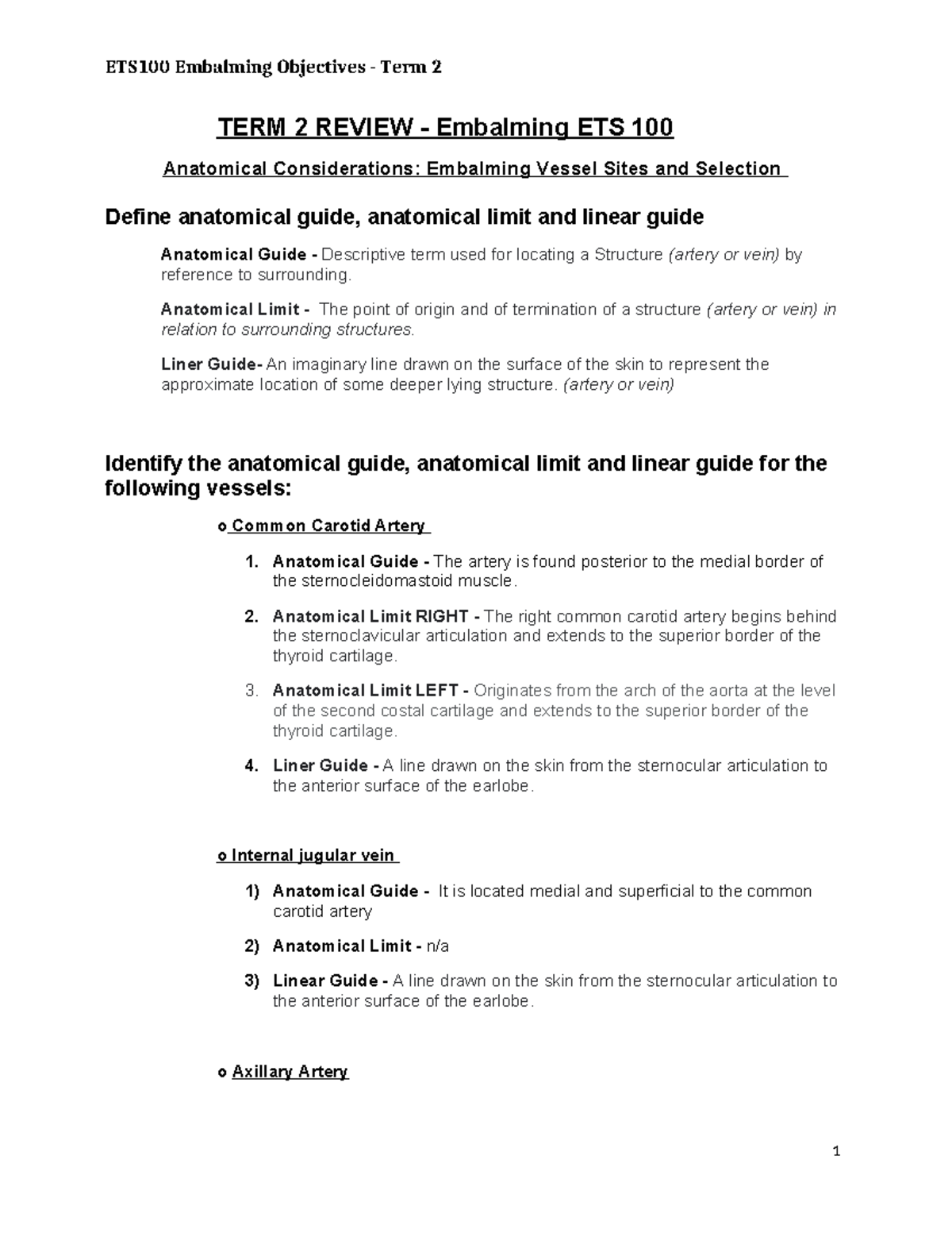Final Exam Review for ETS 100: Embalming Techniques and Procedures ...