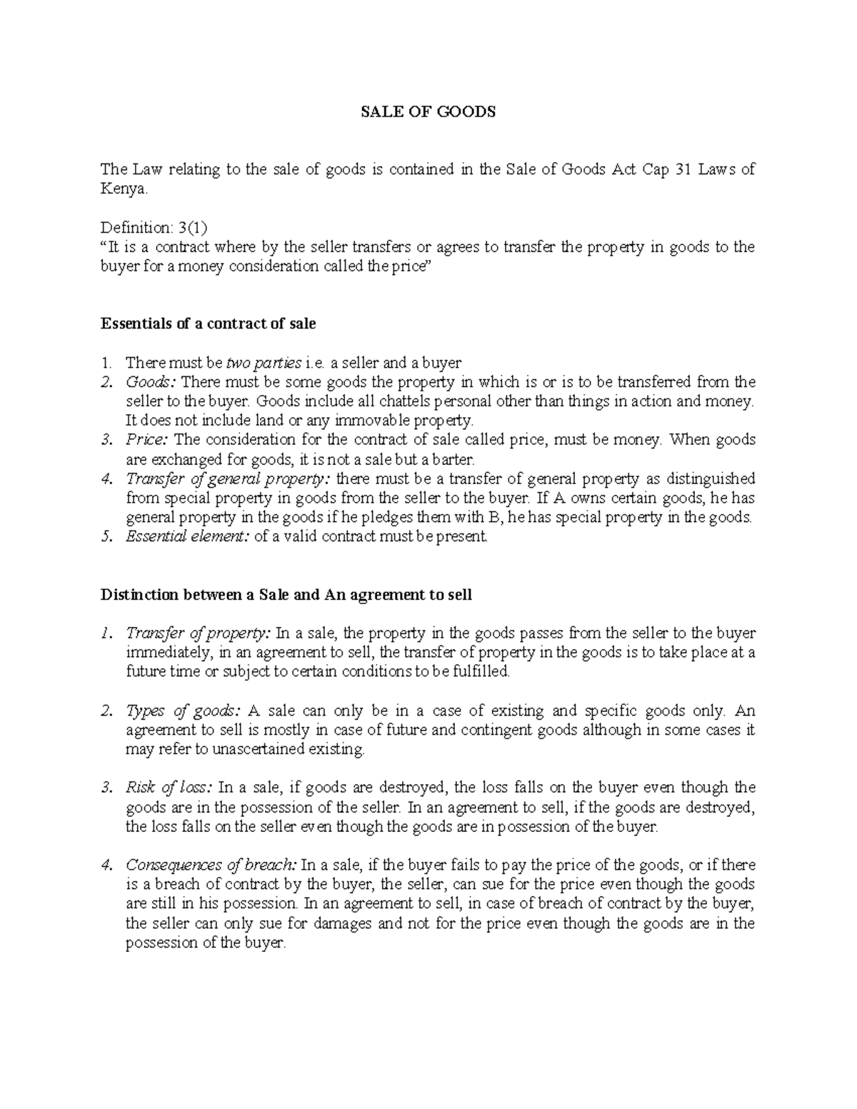 Topic 4: Sale of Goods Law - Key Principles and Rights - Studocu