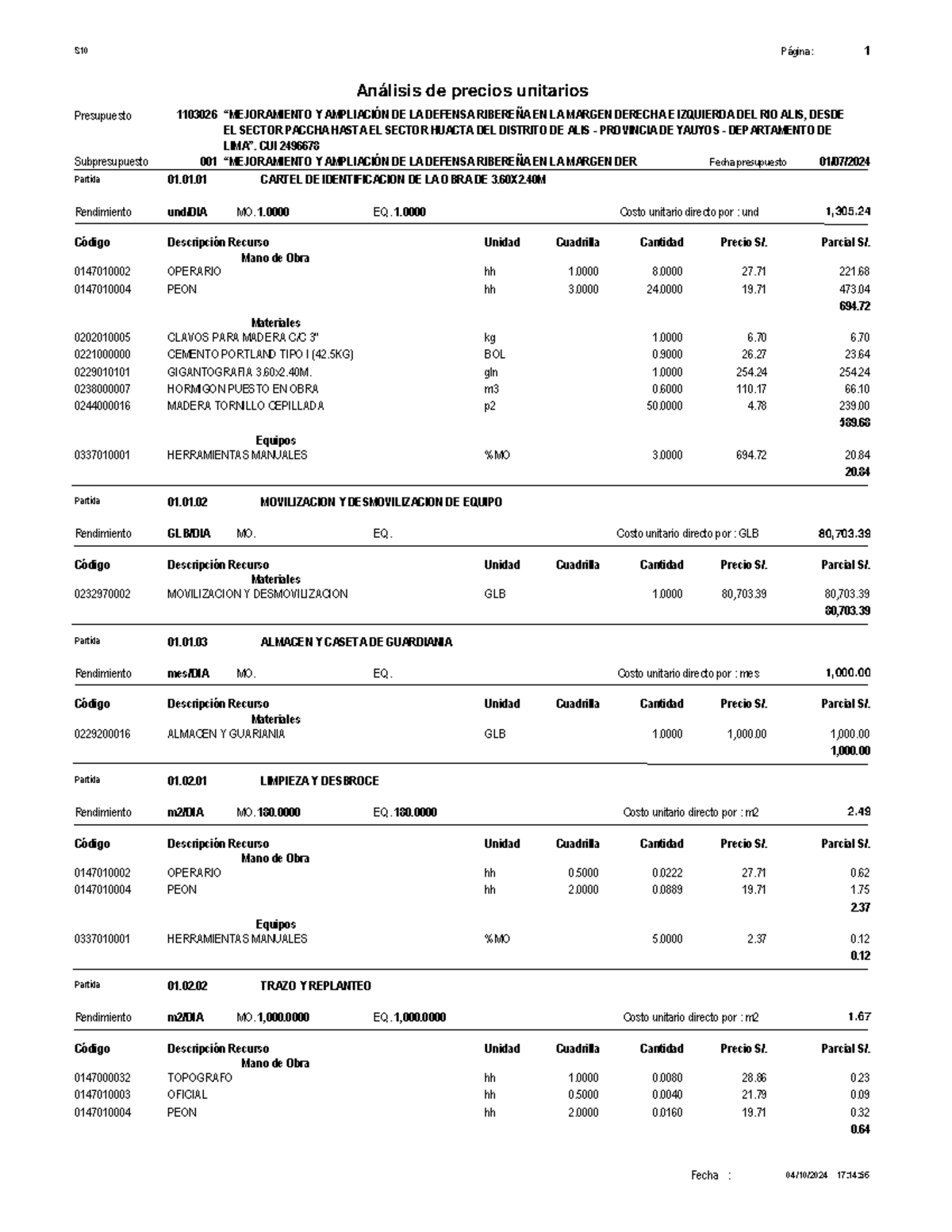 Análisis de Precios Unitarios - Defensa Ribereña 1103026 - Document Preview