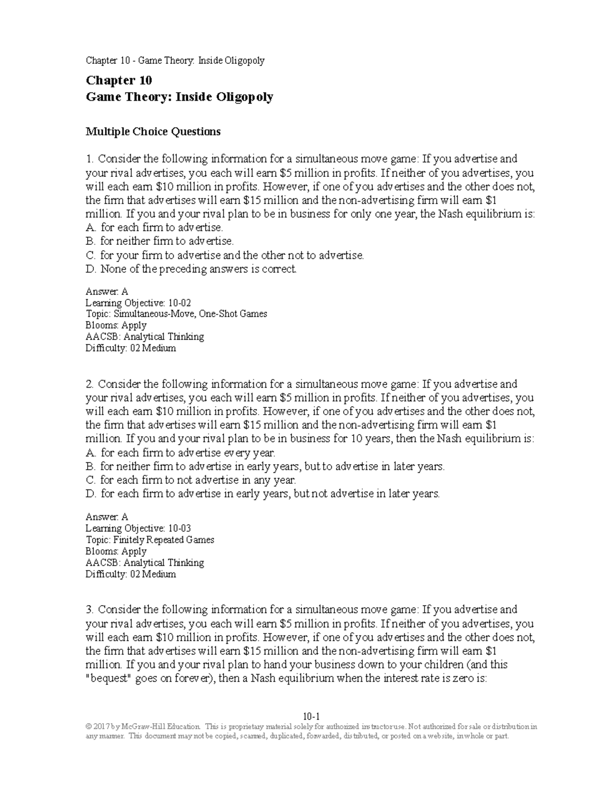 Chapter-10 - Testbank - Chapter 10 Game Theory: Inside Oligopoly ...