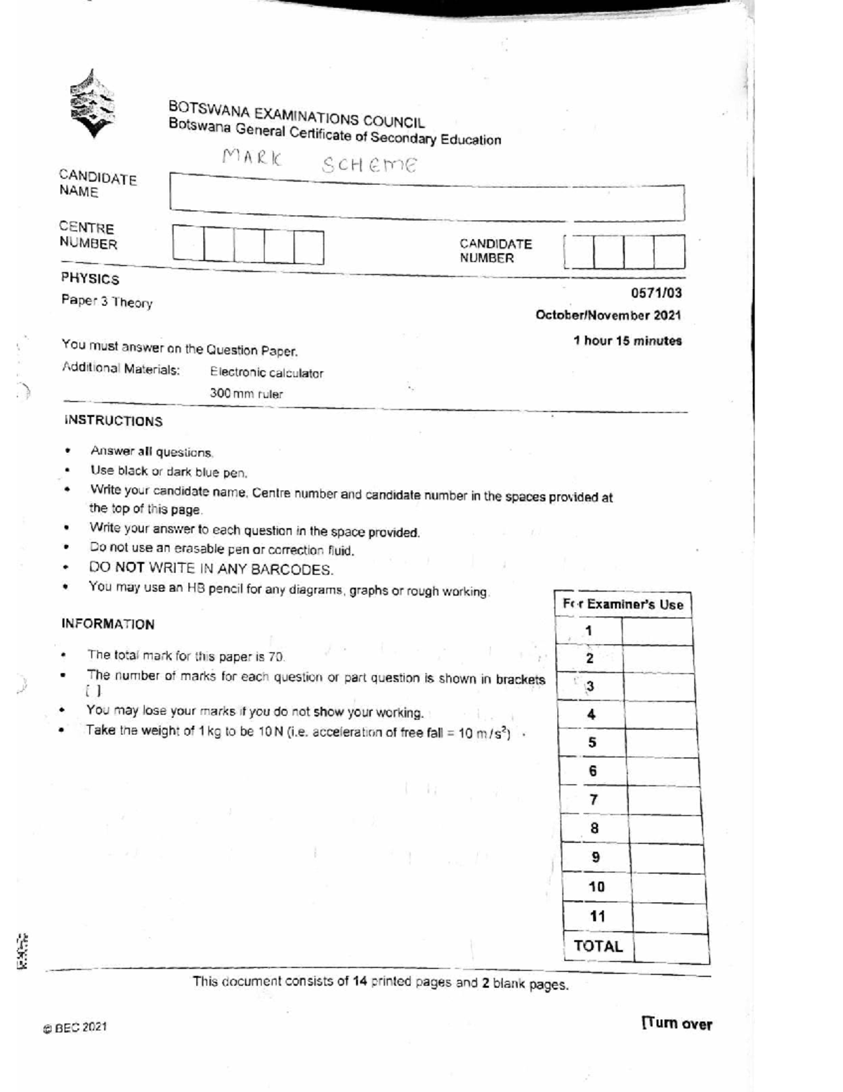 BEC 2021 Physics Paper 3 Mark Scheme (2015-2021) - Studocu