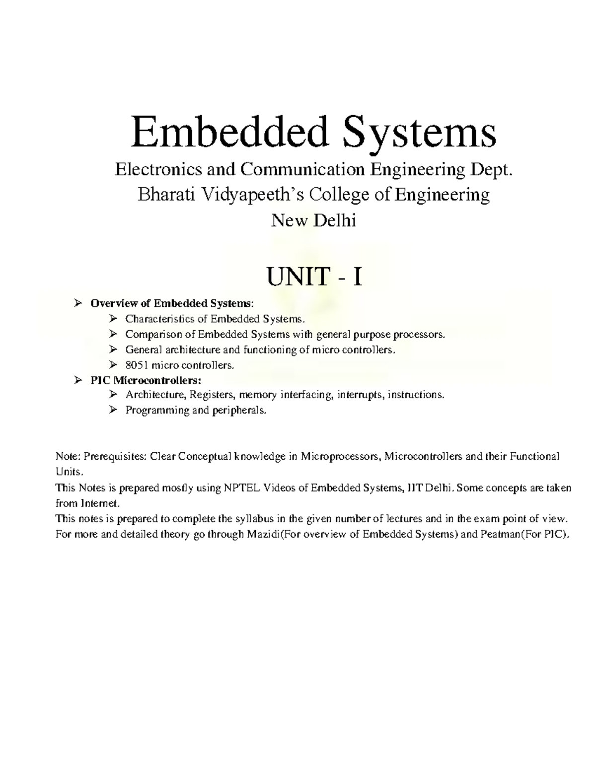 Embedded Systems Unit - 1 - Bharati Vidyapeeth’s College of Engineering ...