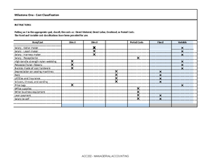 Cost Classification Acct 202 Workbook - Milestone One ‐ Cost ...
