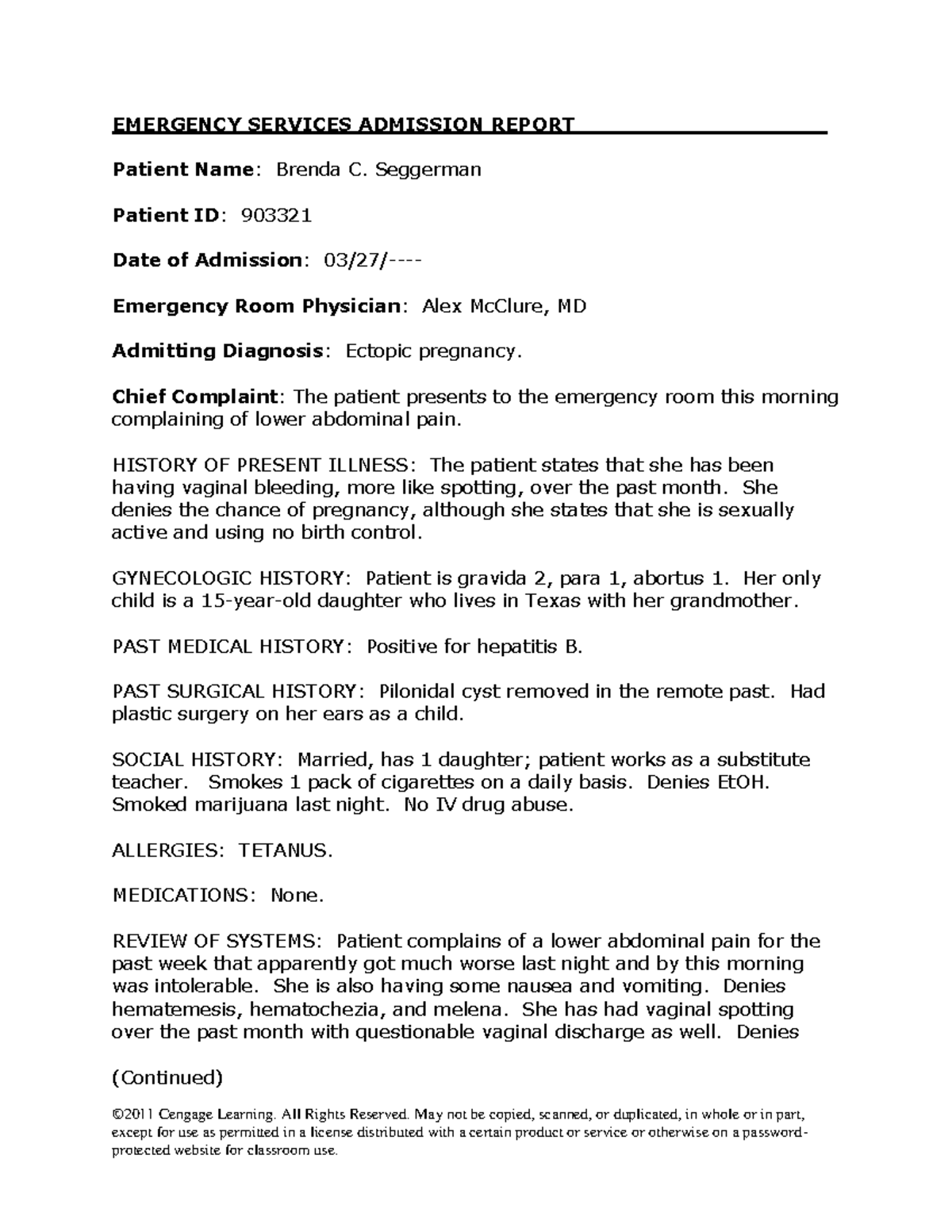 1 ER Case 1: Emergency Admission Report for Ectopic Pregnancy - Studocu