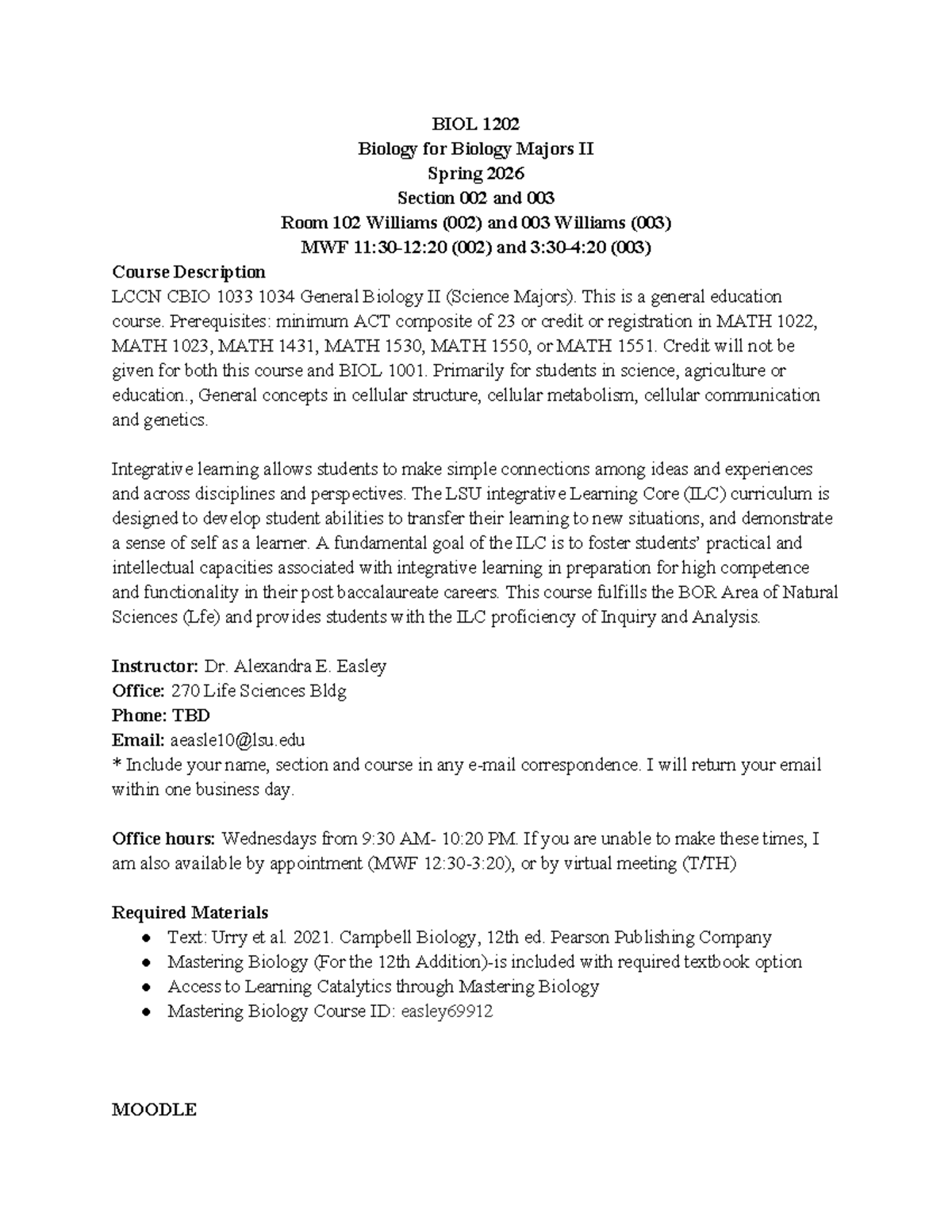 BIOL 1202 General Biology II Course Overview Spring 2026 - Studocu