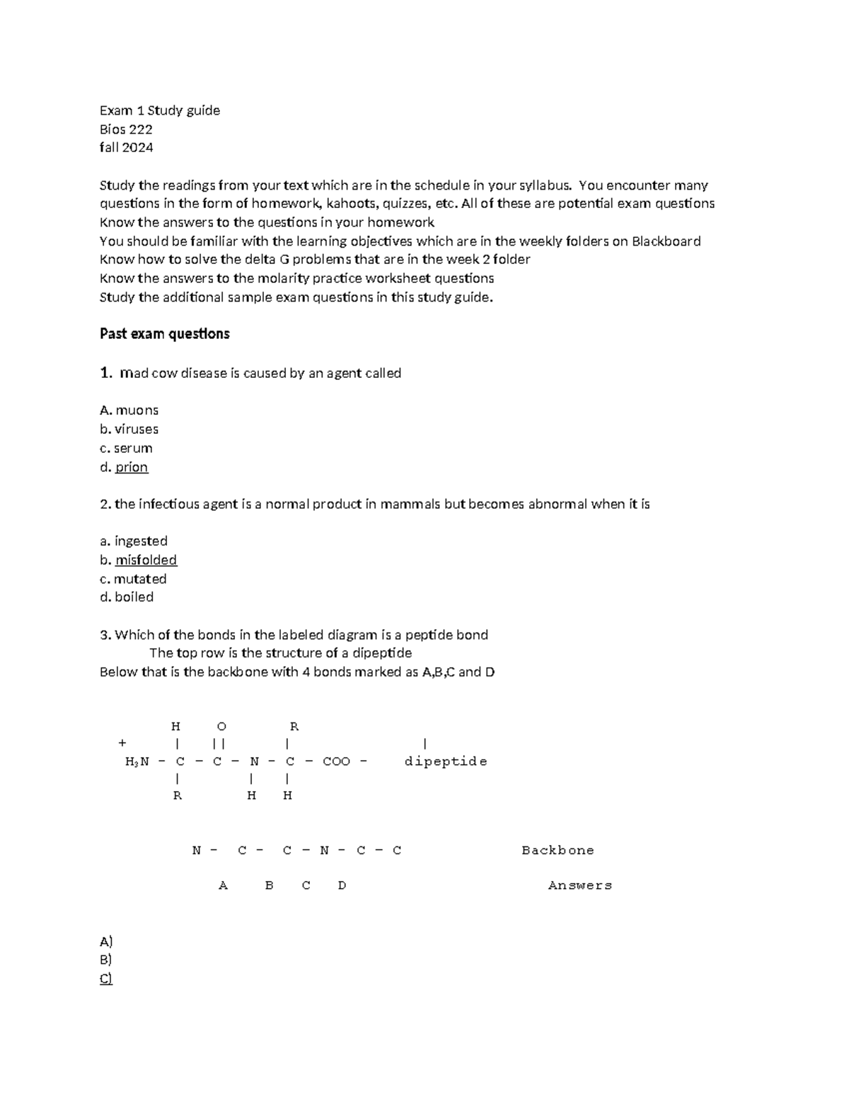 Study guide exam 1 fall 2024 with answers - Exam 1 Study guide Bios 222 ...