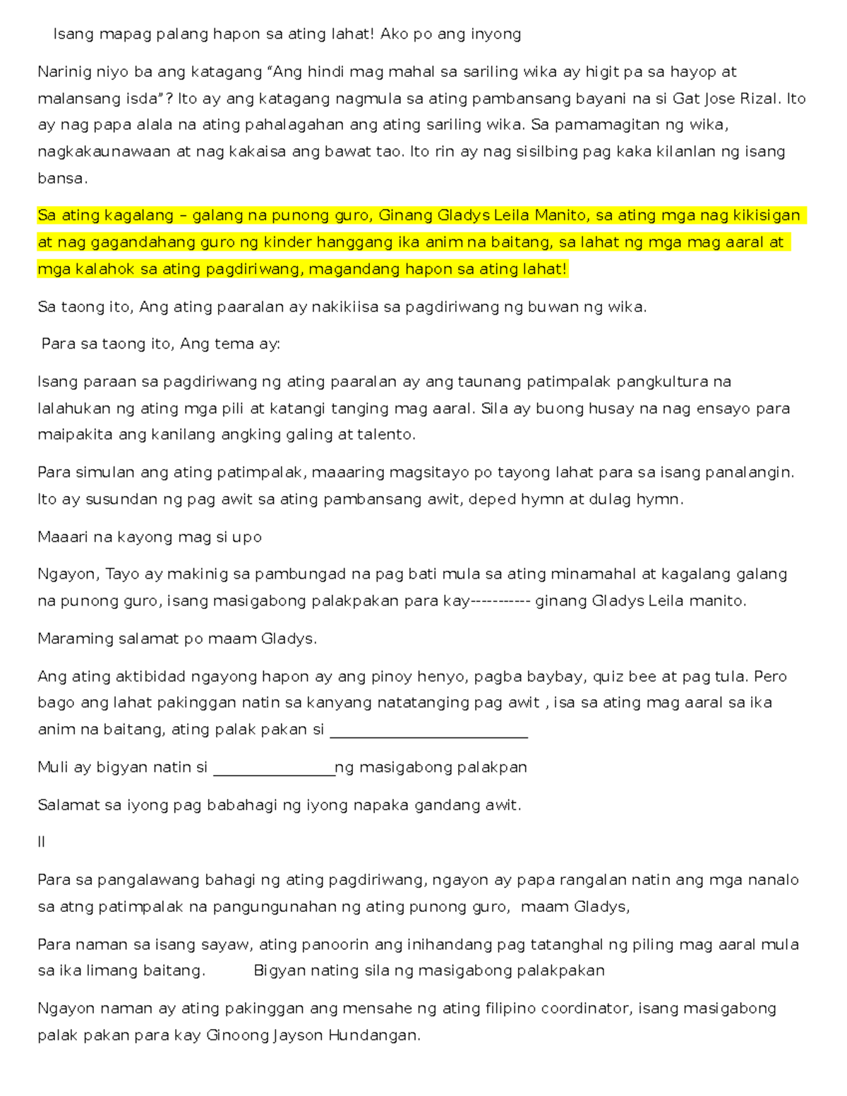 Emcee Fil - Script para sa Buwan ng Wika Celebration - Studocu