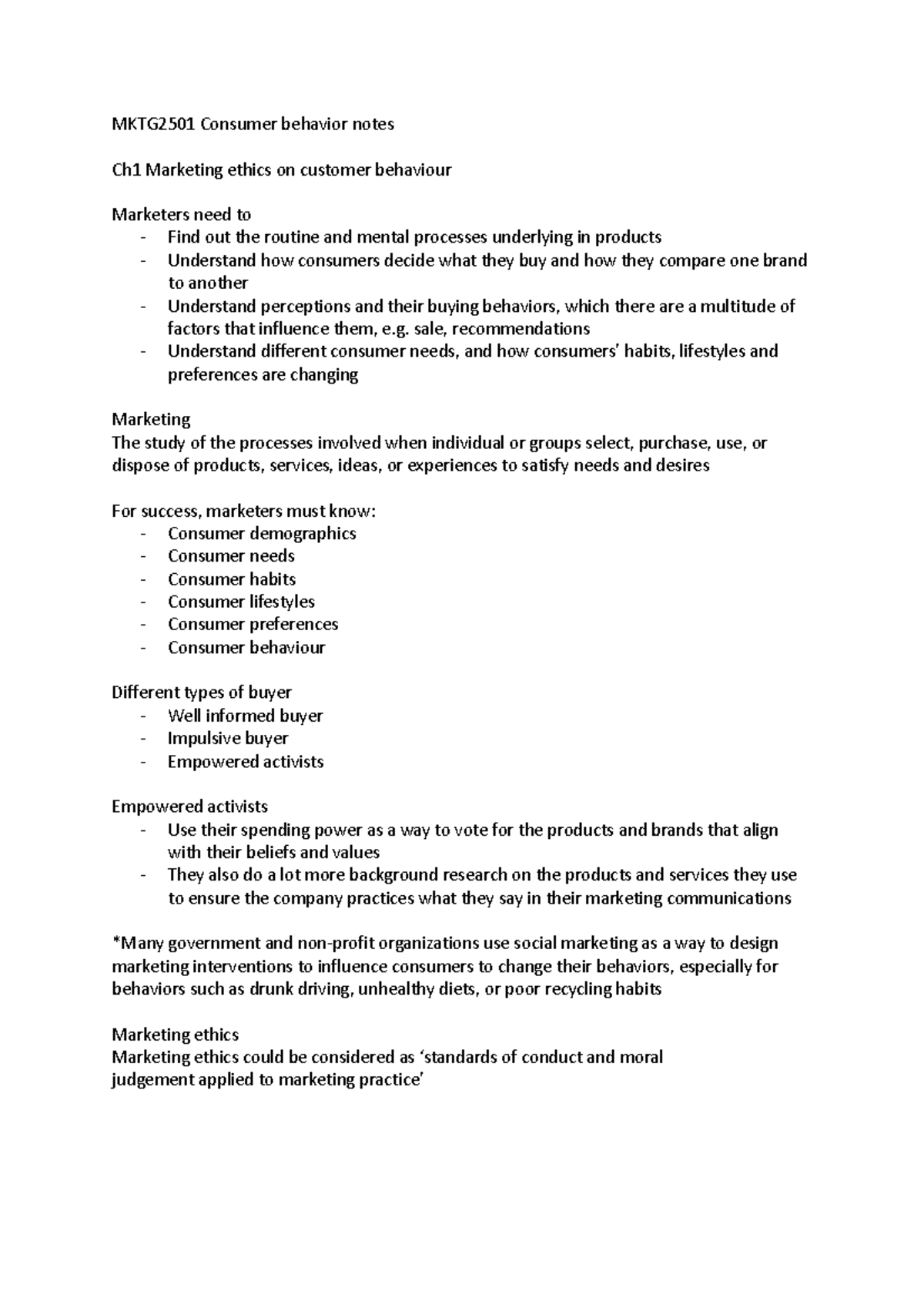 MKTG2501 Essential Notes on Consumer Behavior and Ethics - Studocu