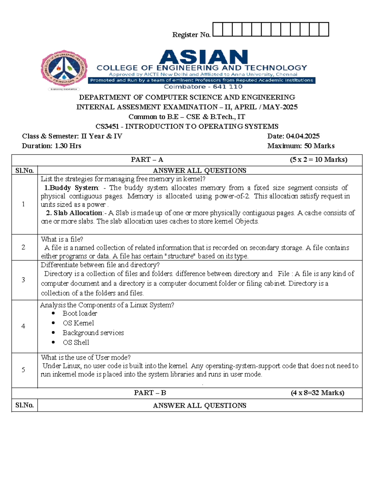 CS3451 Internal Assessment Exam II - Introduction to Operating Systems ...