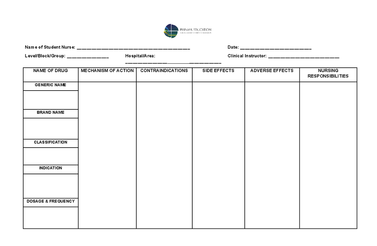 Drug Study Template Long - Nursing - Name of Student Nurse: - Studocu