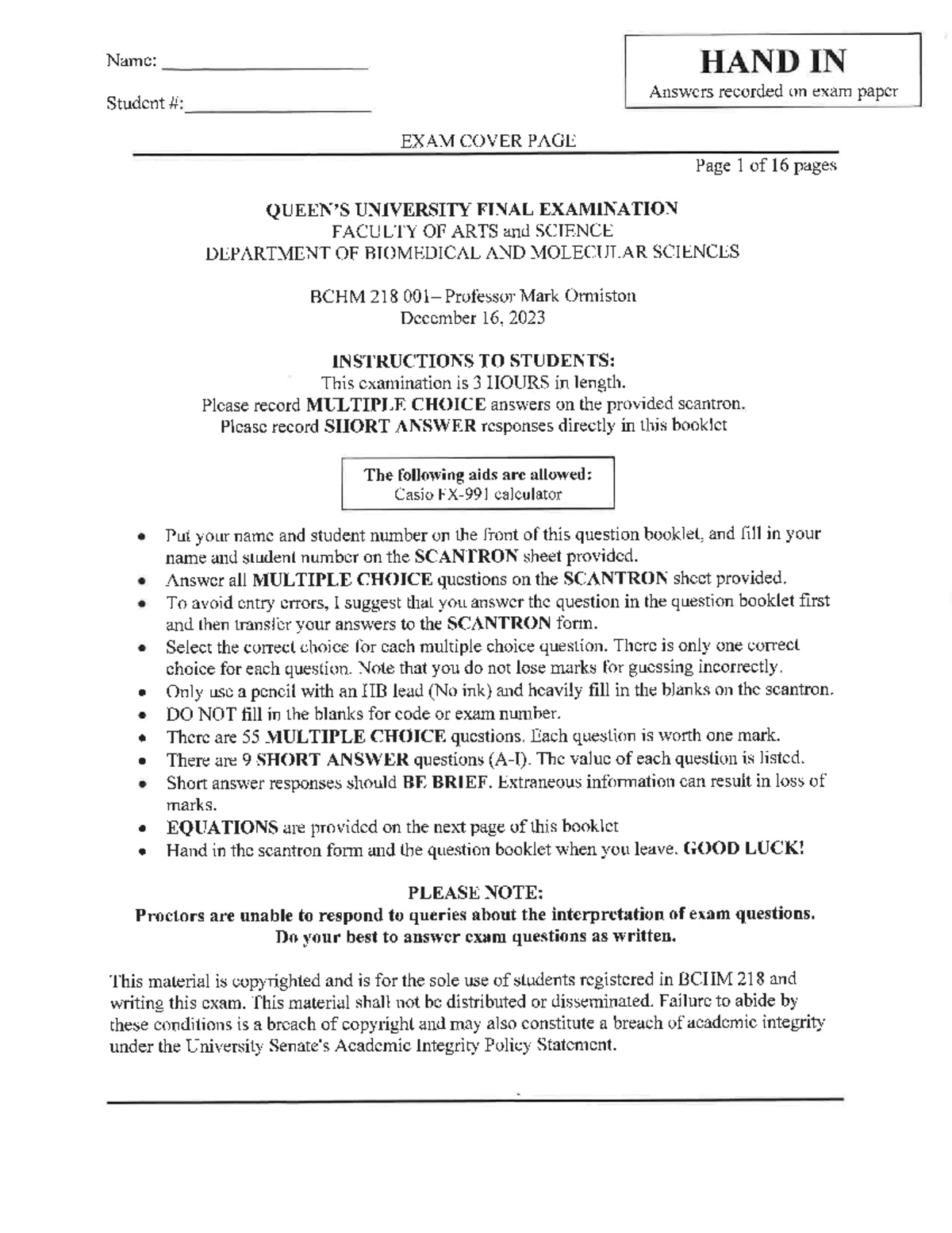 BCHM218 Final Exam Preparation Guide - Fall 2023 - Studocu