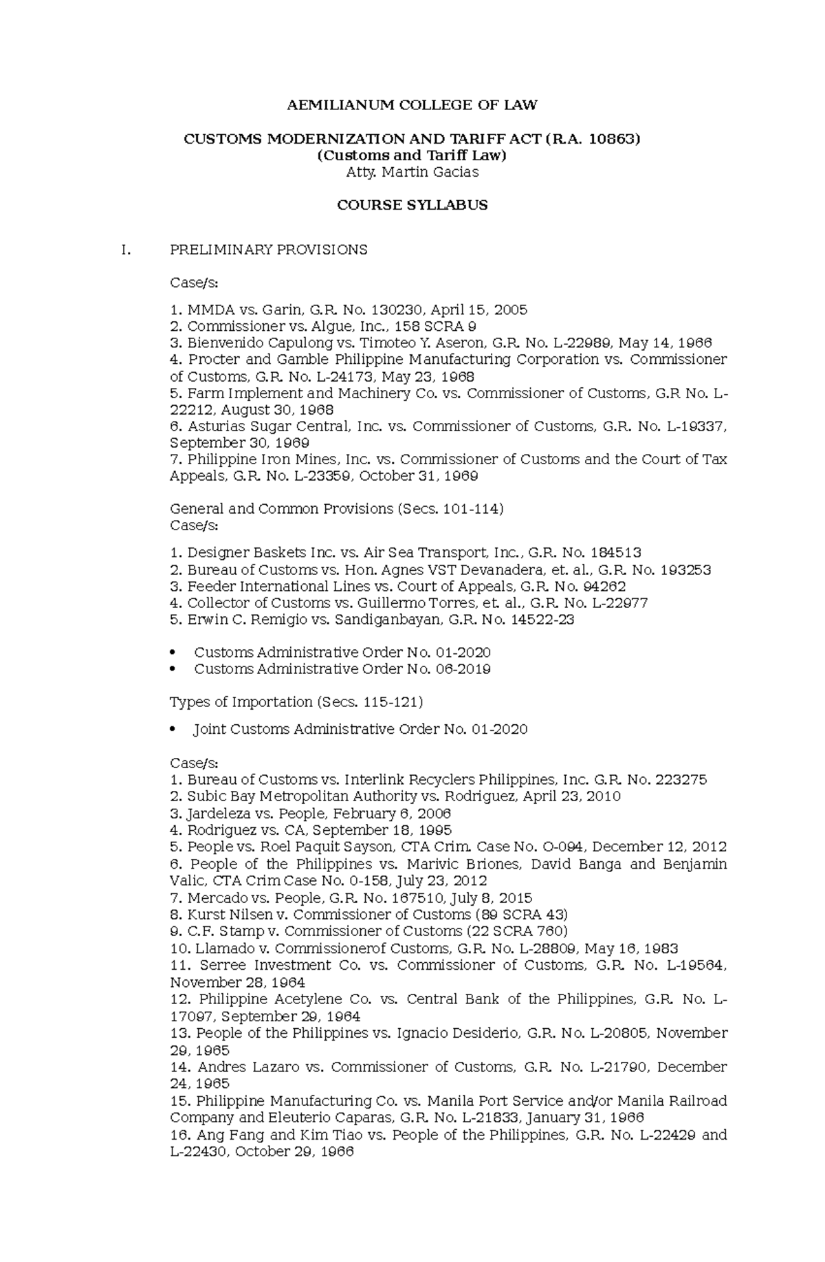 CMTA Course Syllabus: Customs Modernization and Tariff Act Overview ...