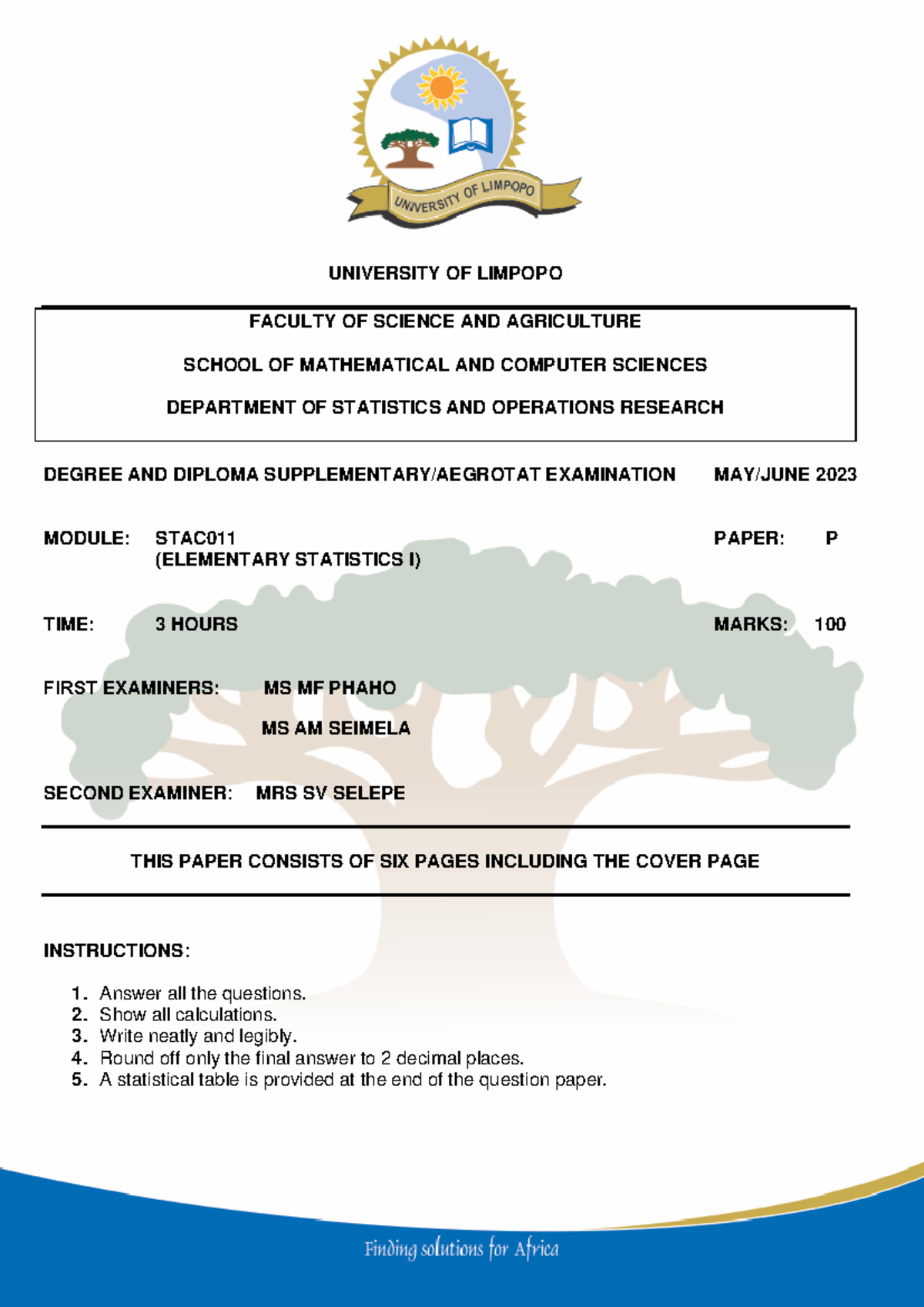 STAC011 SUPP MAY JUNE 2023 - UNIVERSITY OF LIMPOPO FACULTY OF SCIENCE ...