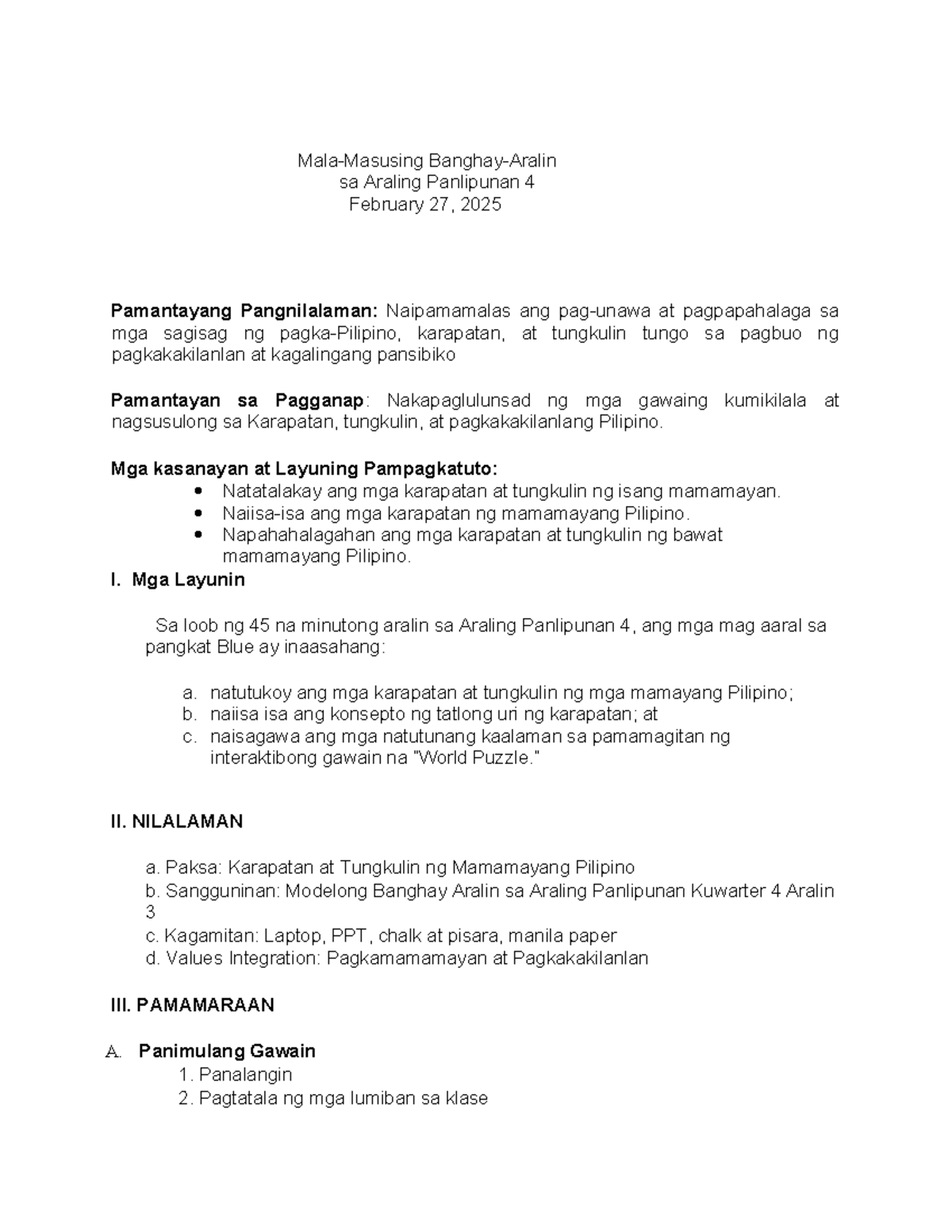 Araling Panlipunan 4 Lesson Plan: Karapatan at Tungkulin ng Mamamayan - Document Preview