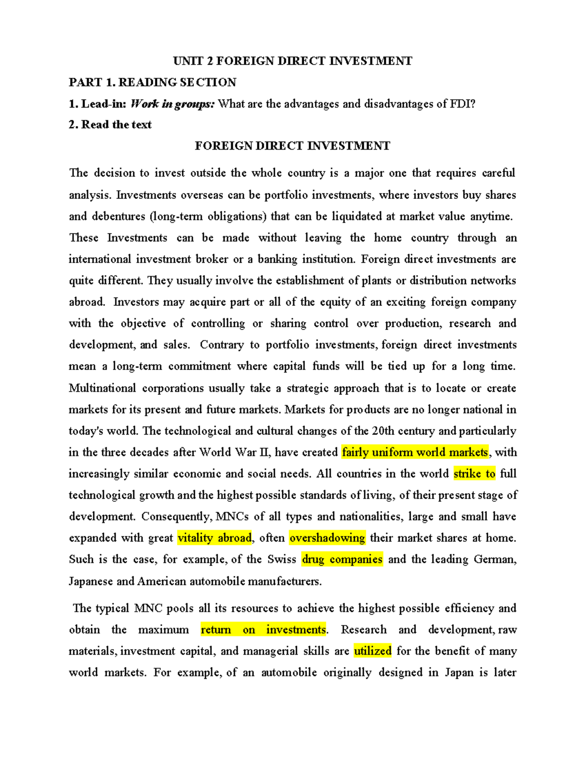 UNIT 2 FDI: Advantages, Disadvantages, and Strategic Considerations ...