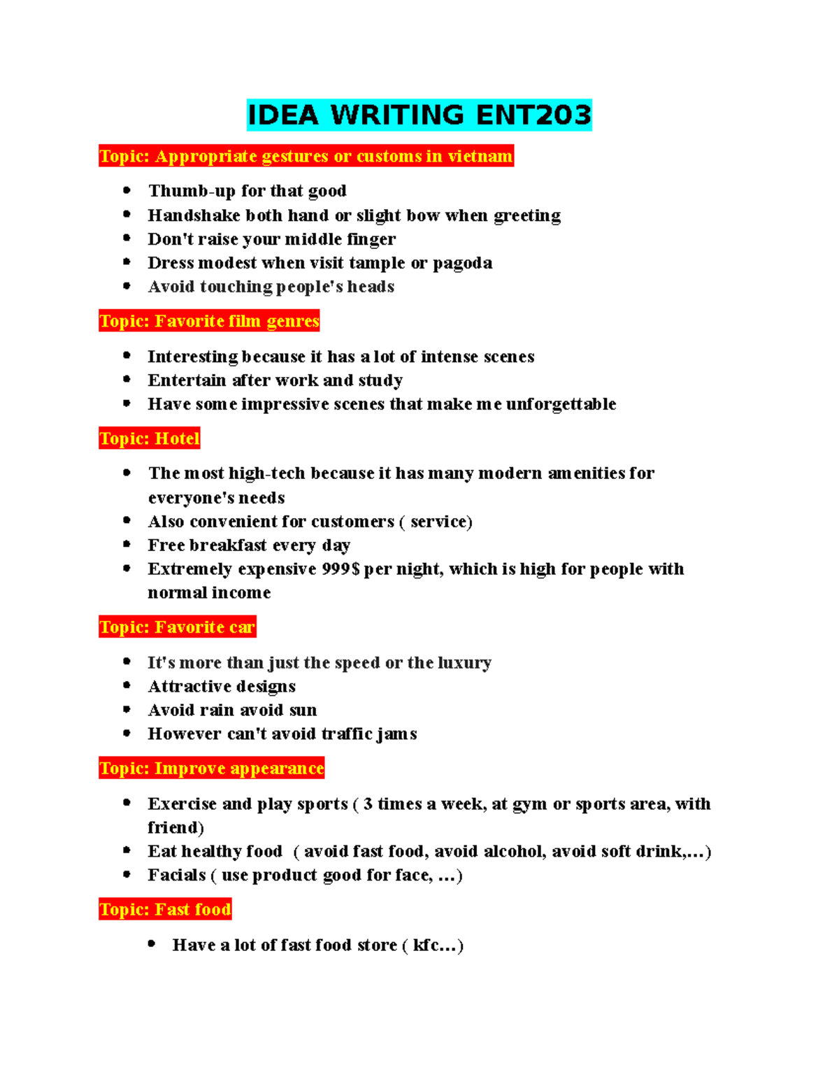 Idea Writing Notes for ENT203 - Cultural Insights & Preferences - Studocu