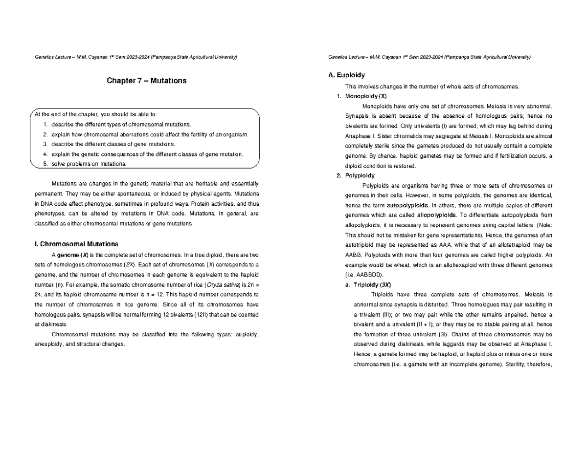Chapter 7 - Mutations: Chromosomal & Gene Mutation Review - Studocu