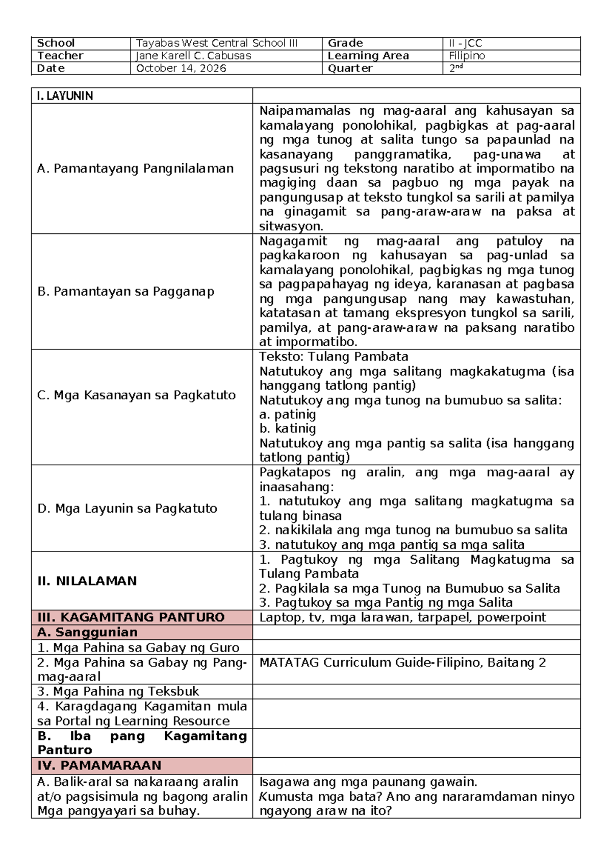 CO2025 Filipino 2nd Quarter II Lesson Plan on Phonological Awareness ...