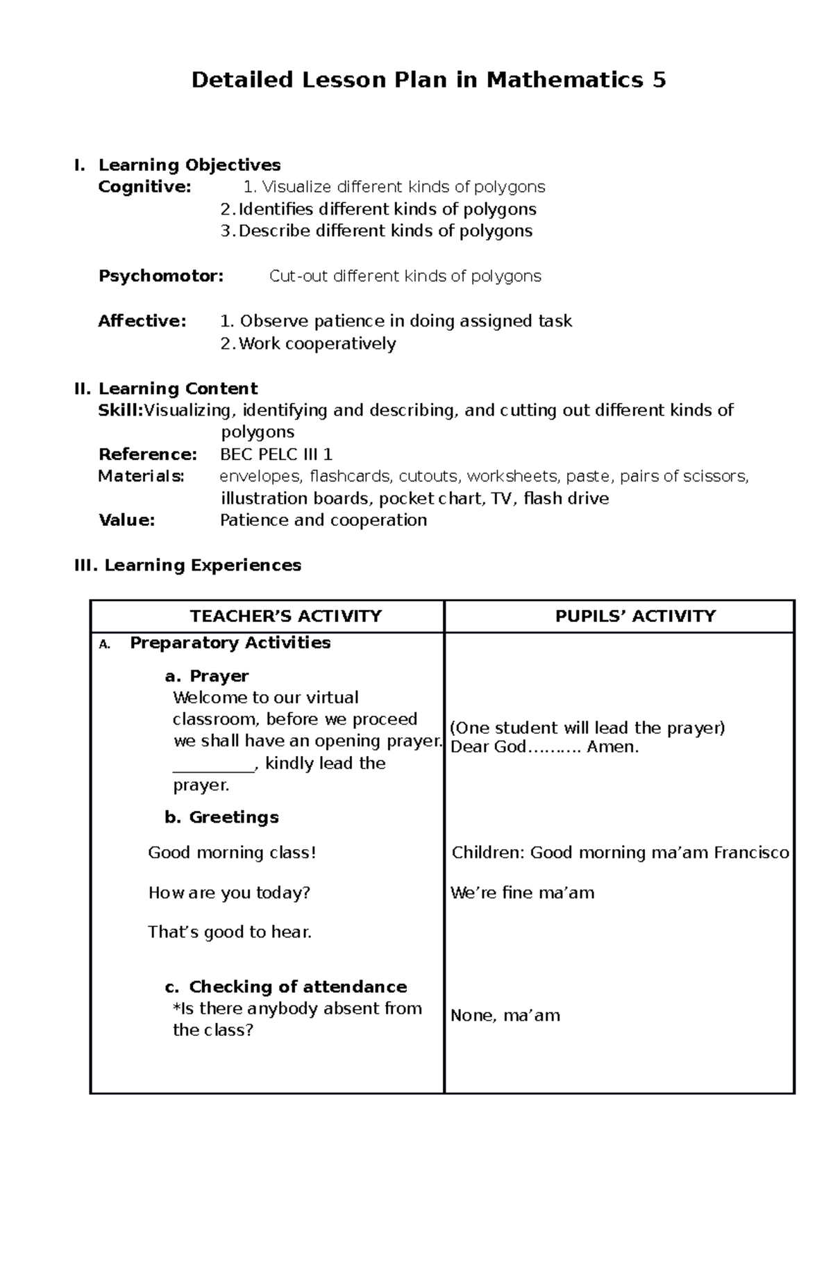 Grade 5 Lesson Plan: Exploring Polygons in Mathematics - Studocu