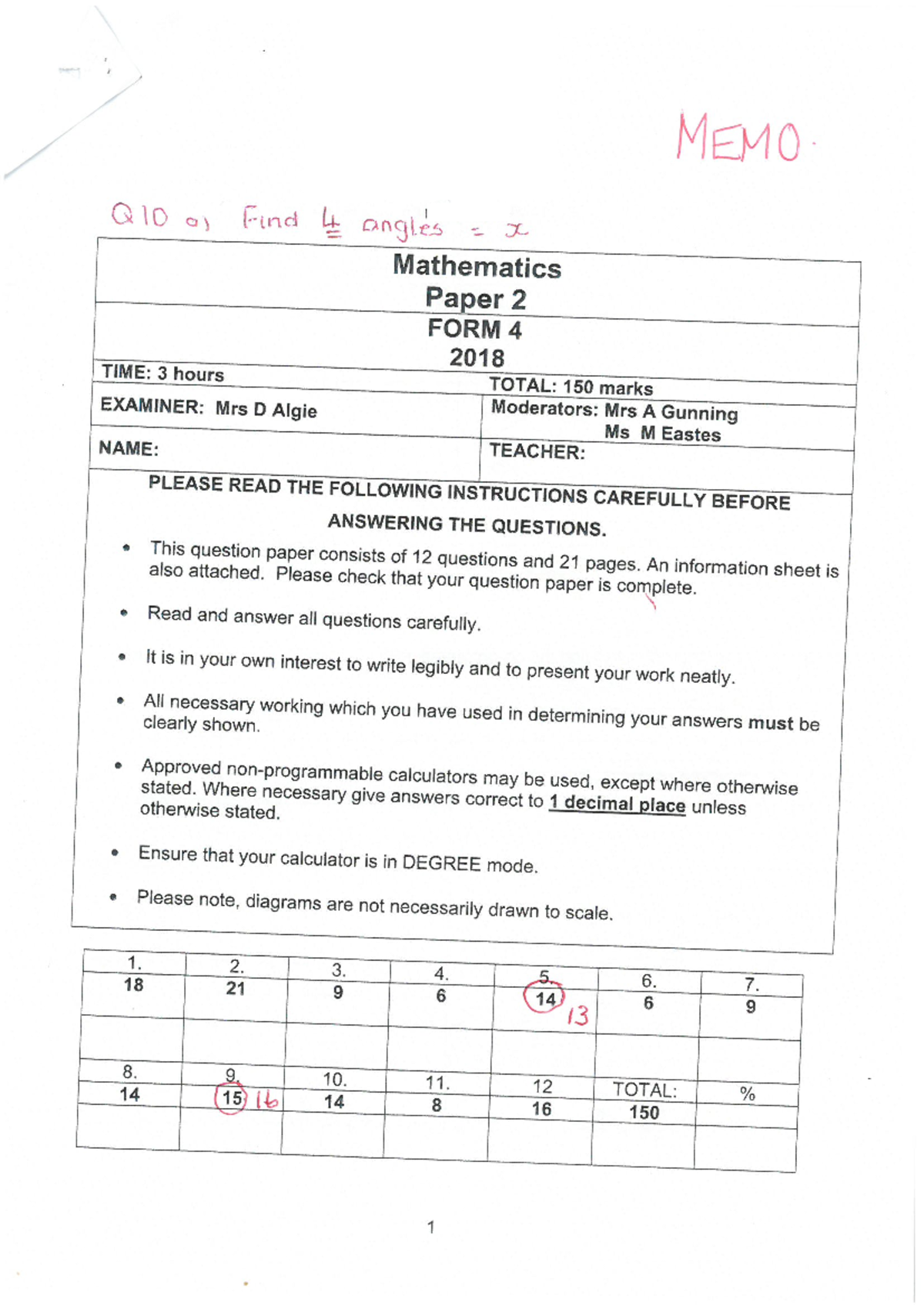 IEB GR11 Mathematics Paper 2 Memo November 2018 Analysis and Solutions ...