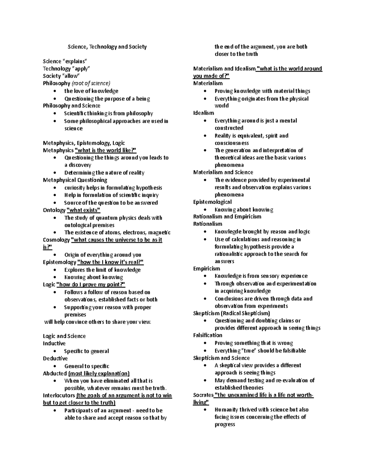 STS - Midterm Letran Reviewer - Science, Technology and Society Science ...