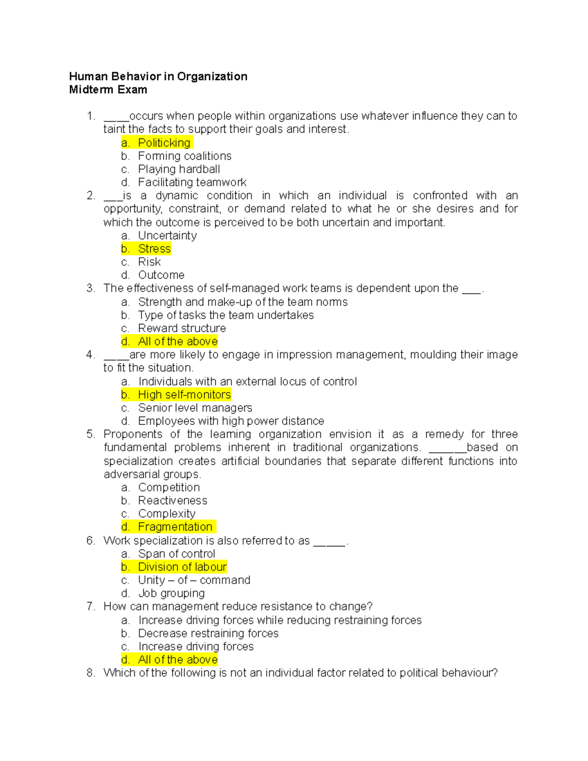 Human Behavior in Organization (HBO 202) Midterm Exam Study Guide - Studocu