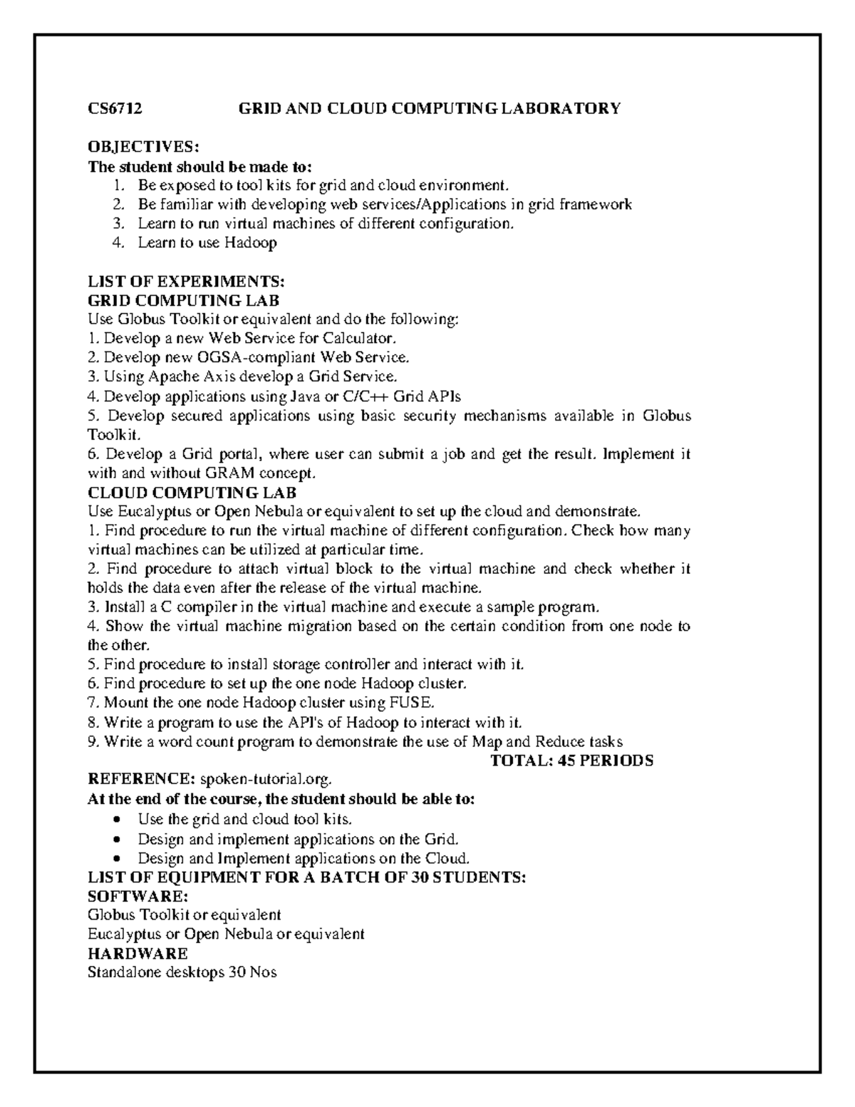 CS6712 GRID AND CLOUD COMPUTING LAB: Objectives and Experiments ...