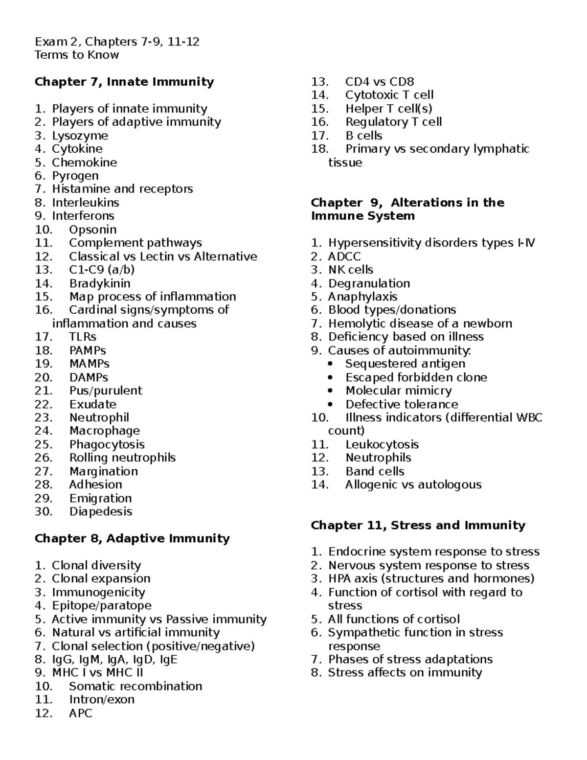 Exam 2 Study Guide: Key Terms from Chapters 7-9, 11-12 in Immunology ...