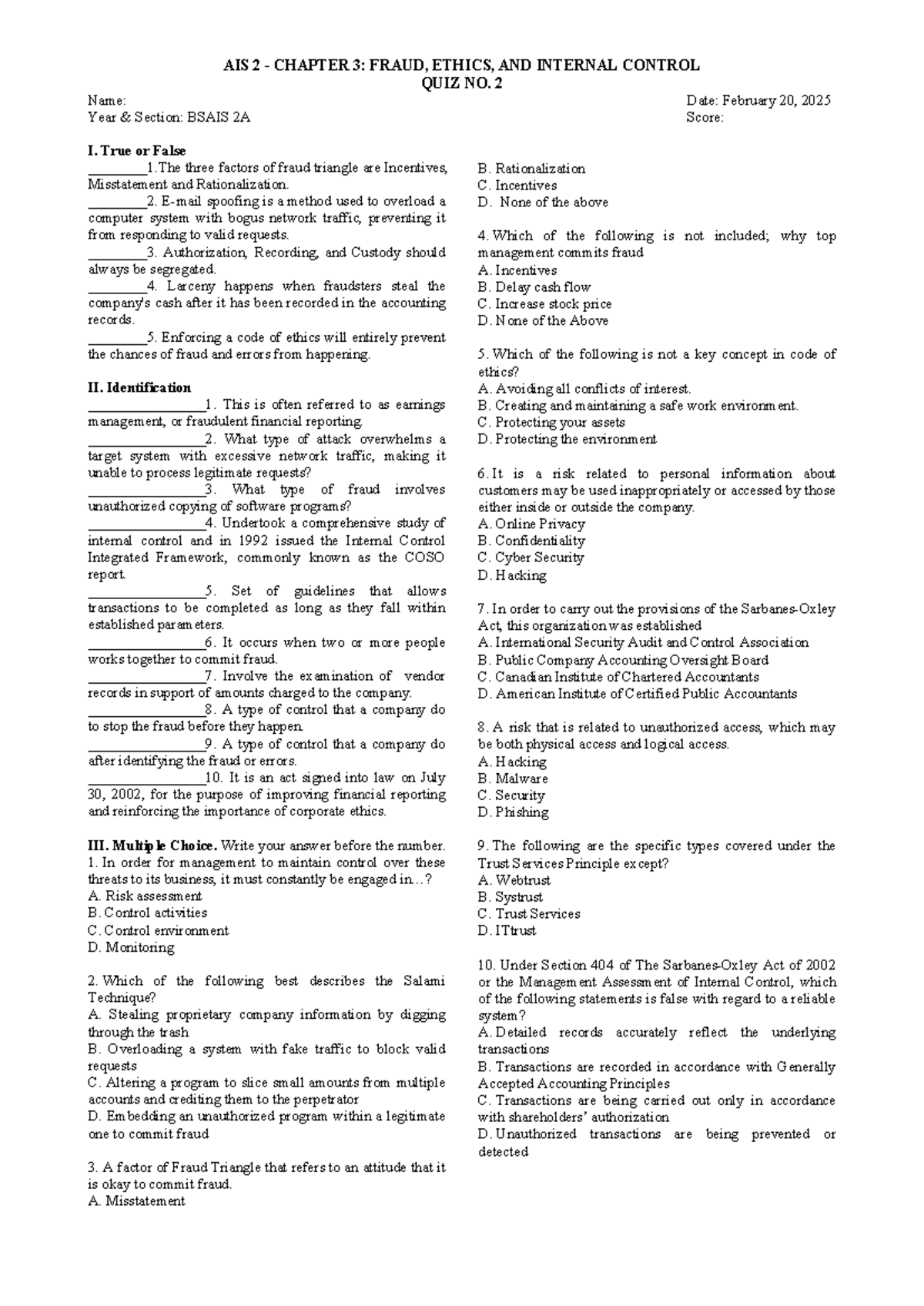 AIS-QUIZ-No - ais - AIS 2 - CHAPTER 3: FRAUD, ETHICS, AND INTERNAL ...