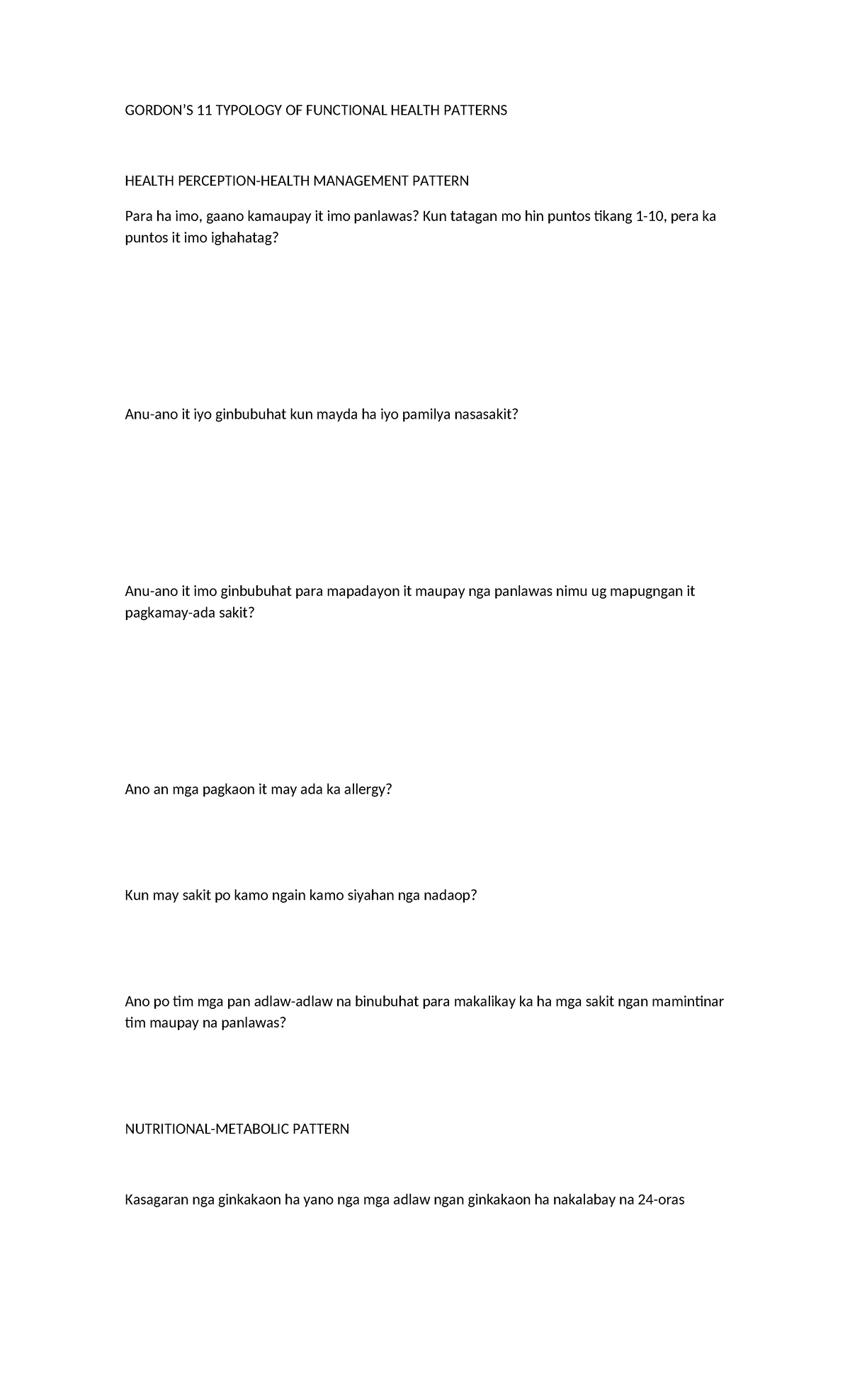 Gordon’S - Coursework for nursing - GORDON’S 11 TYPOLOGY OF FUNCTIONAL ...