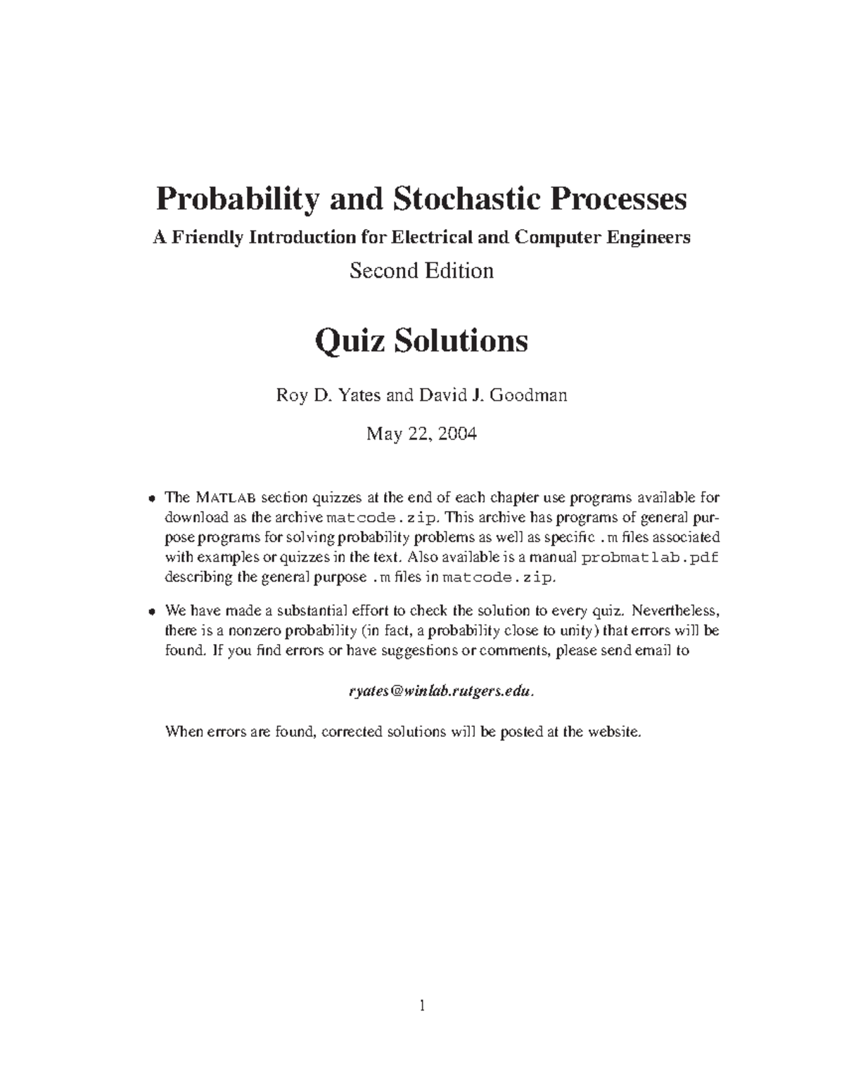 Quiz Solutions for Probability and Stochastic Processes (2nd Ed) - Studocu