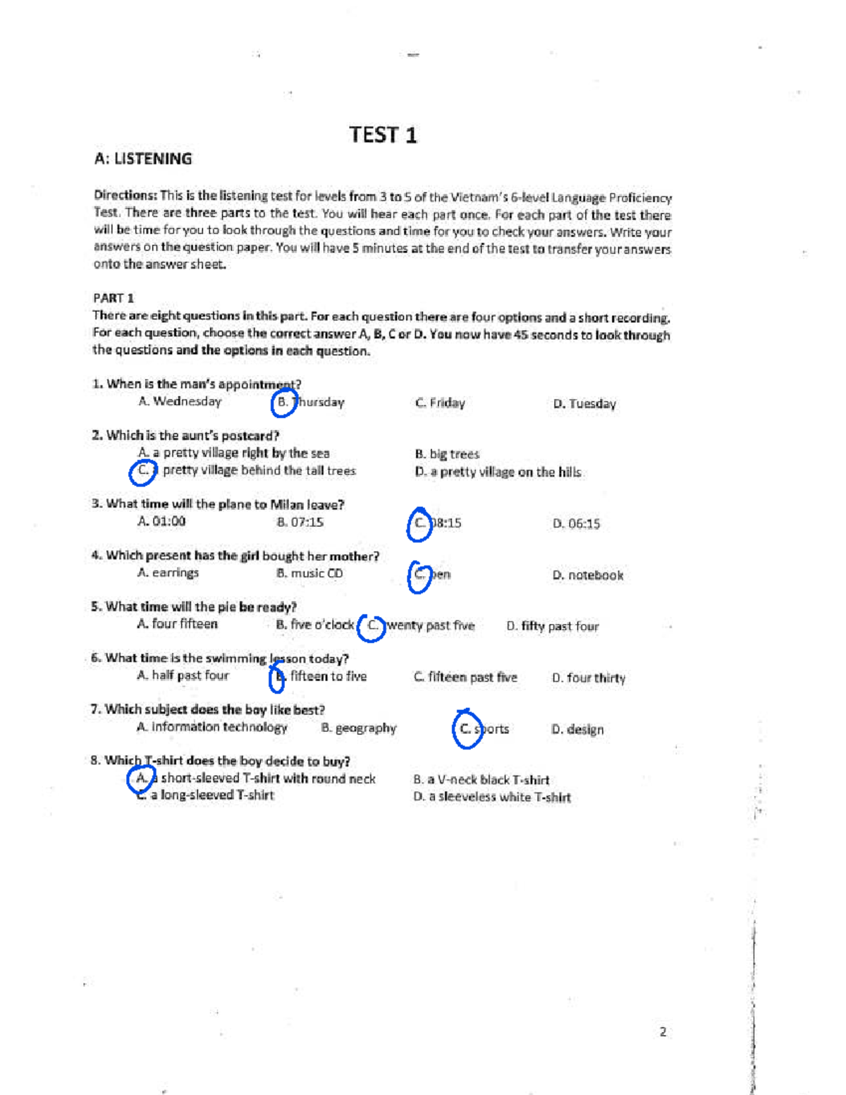 Listening Test 1 (Levels 3-5): Language Proficiency Assessment - Studocu