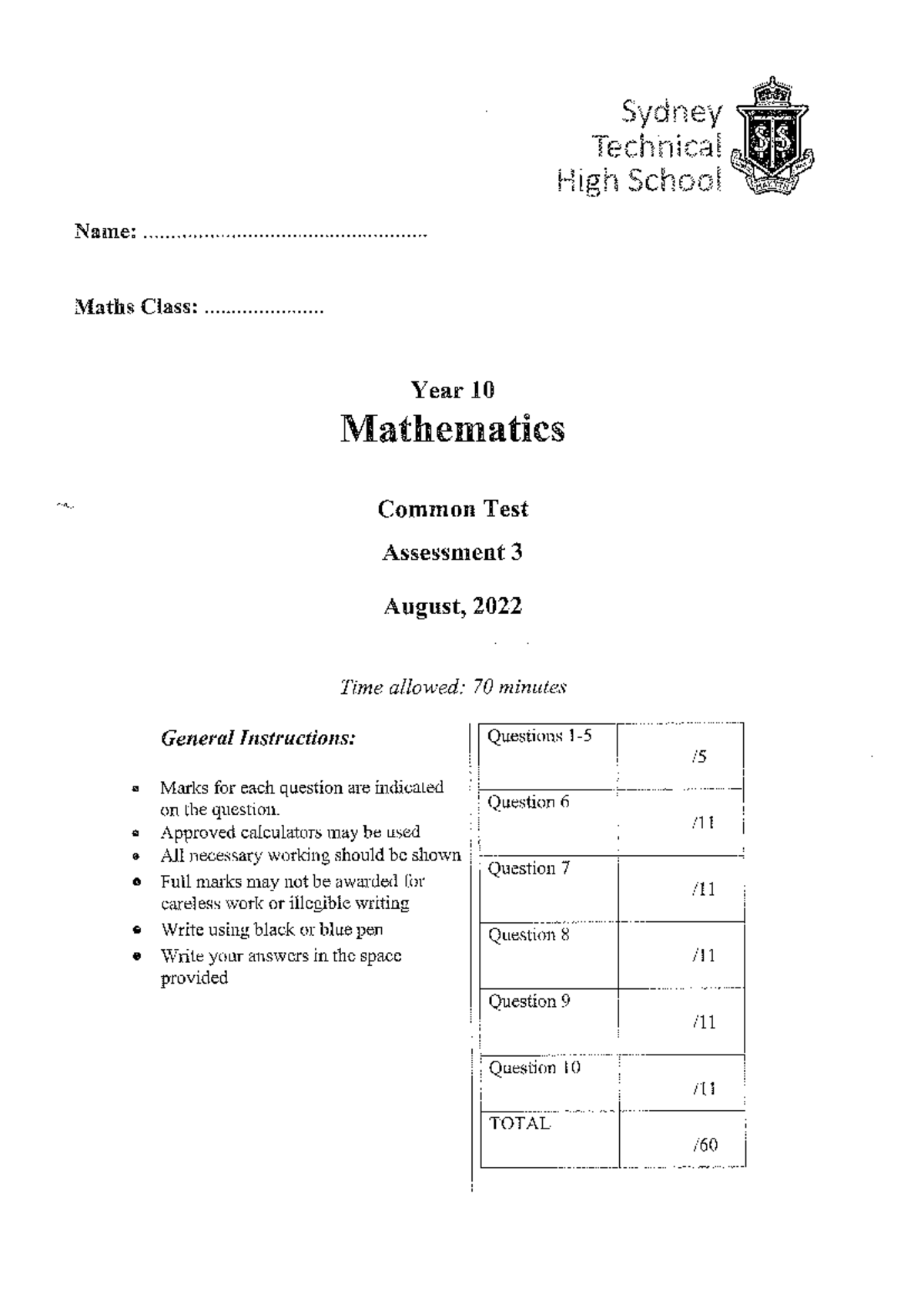 YEAR 10 MATHS ASSESSMENT 3 - SYDNEY TECH 2022 - Studocu