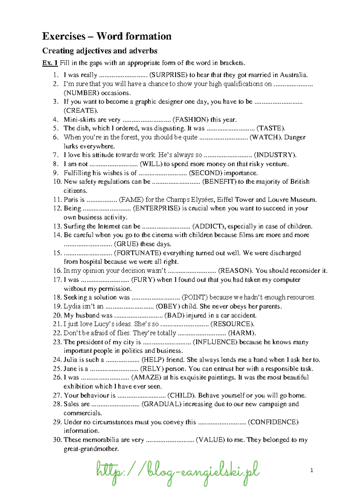 Adjectives and Adverbs Formation Exercises (Ex. 1) - Studocu