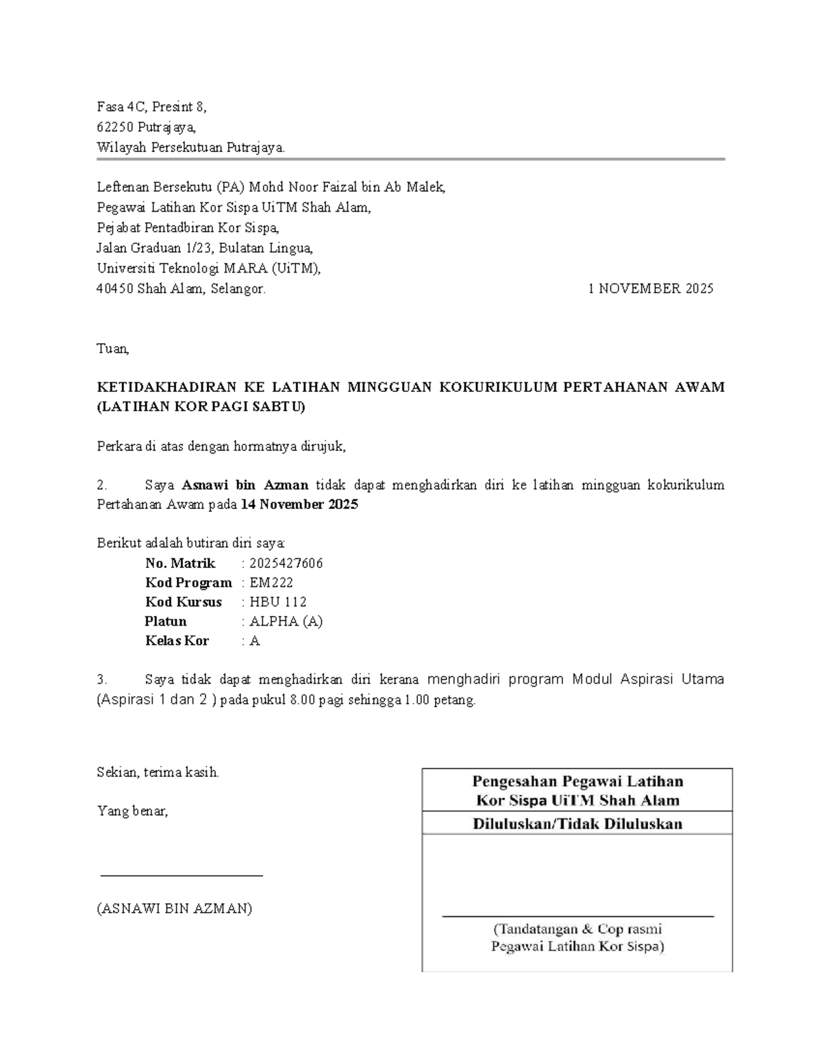 Surat Ketidakhadiran Latihan Kokurikulum Pertahanan Awam (HBU 112 ...