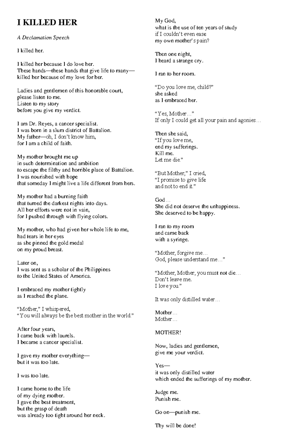 I Killed HER: A Declamation Speech Script - Studocu