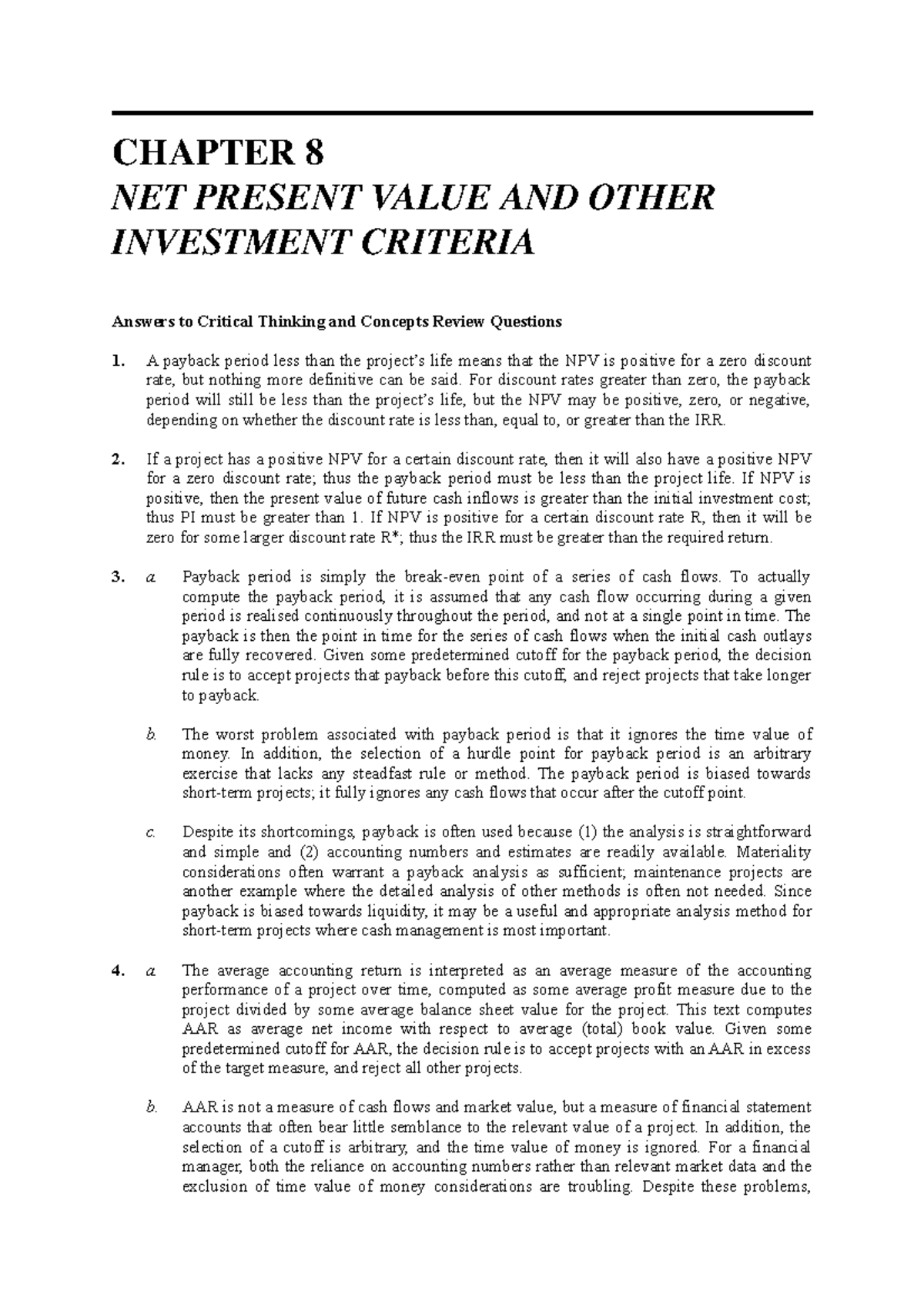 Chapter 8 - CHAPTER 8 NET PRESENT VALUE AND OTHER INVESTMENT CRITERIA ...