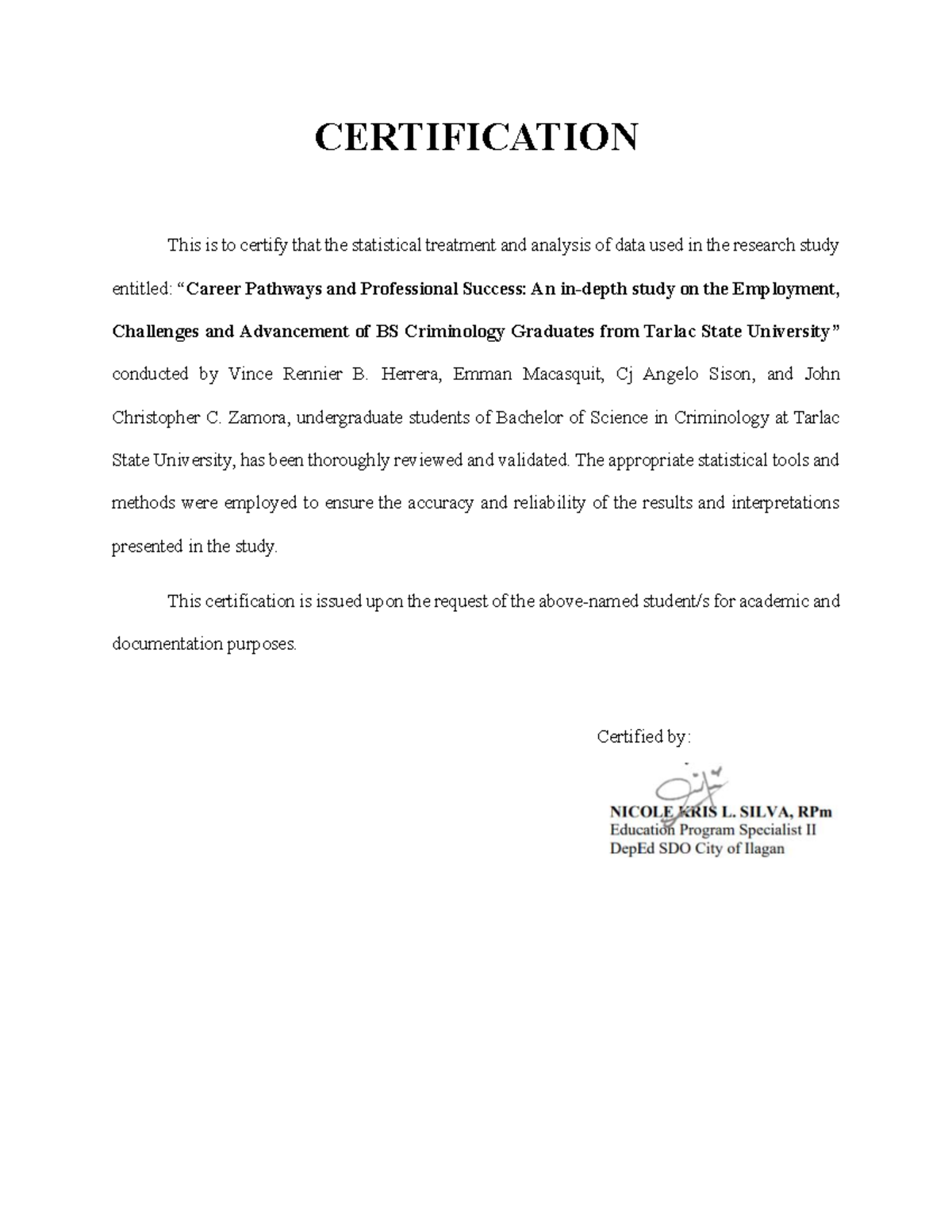 Certification of Statistical Analysis for BS Criminology Study - Studocu