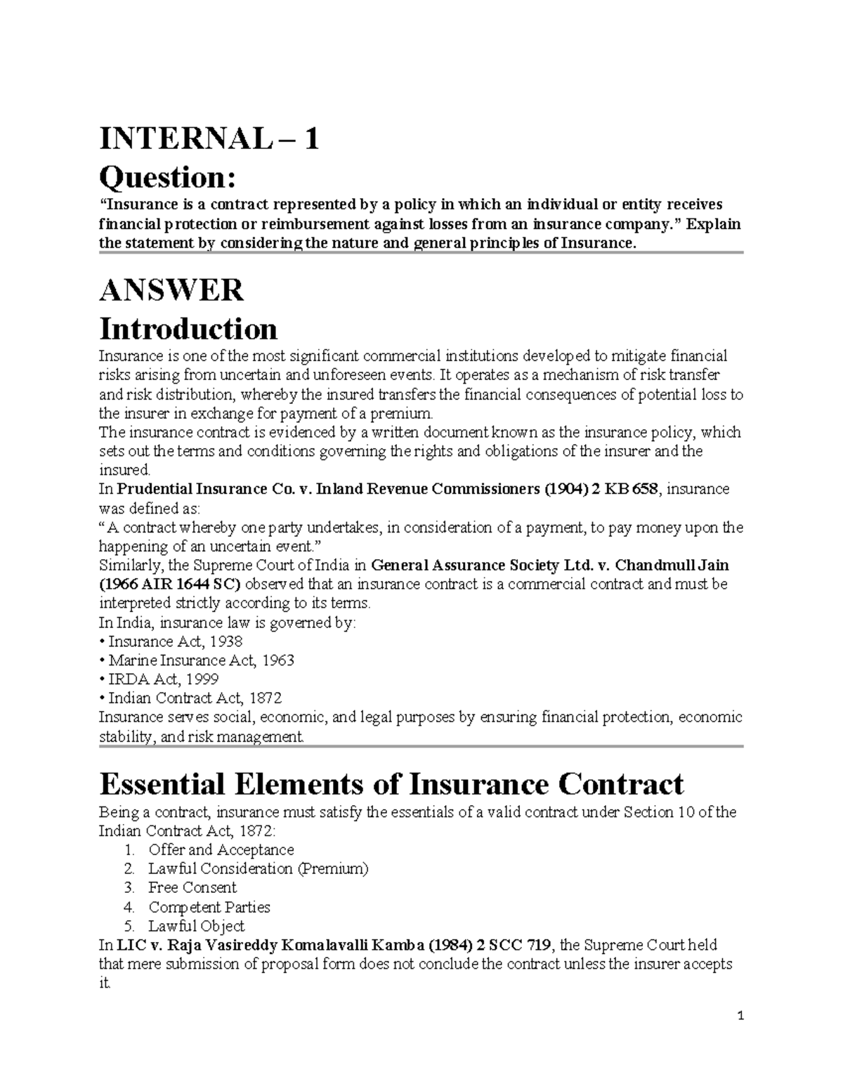 INTERNAL 1: Understanding Insurance Contracts and Principles - Studocu