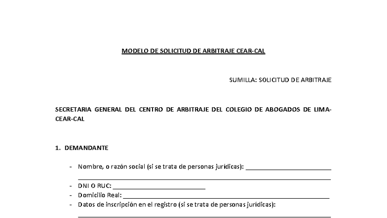 Modelo de Solicitud de Arbitraje CEARCAL 2024 - Studocu