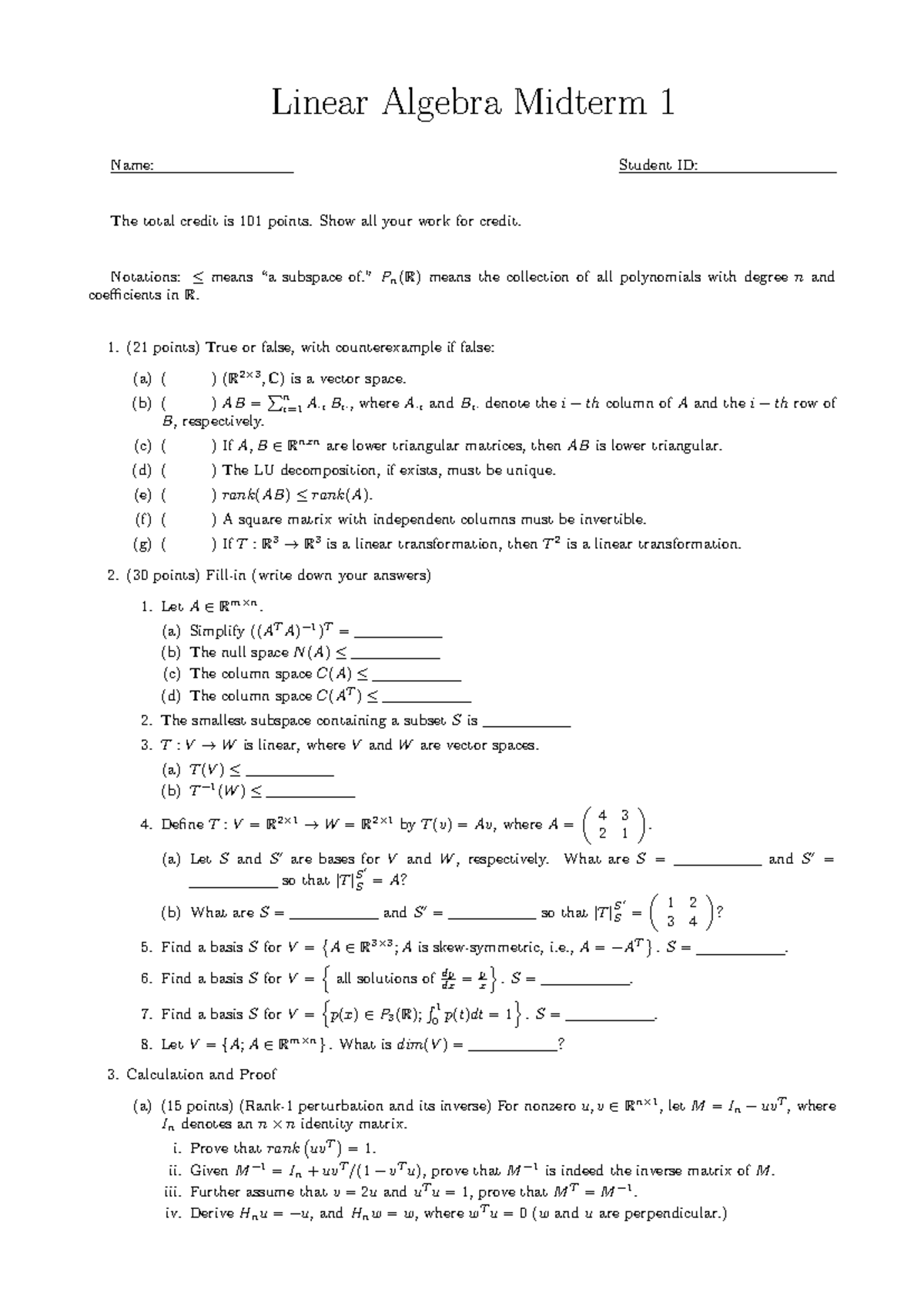 清大EEClass 2023 midterm exam - Linear Algebra Midterm 1 Name: Student ID ...