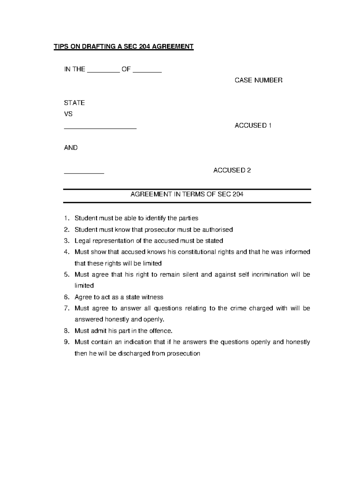 TIPS ON DRAFTING SEC 204 & 105A AGREEMENTS IN CASES VS ACCUSED 1 & 2 ...