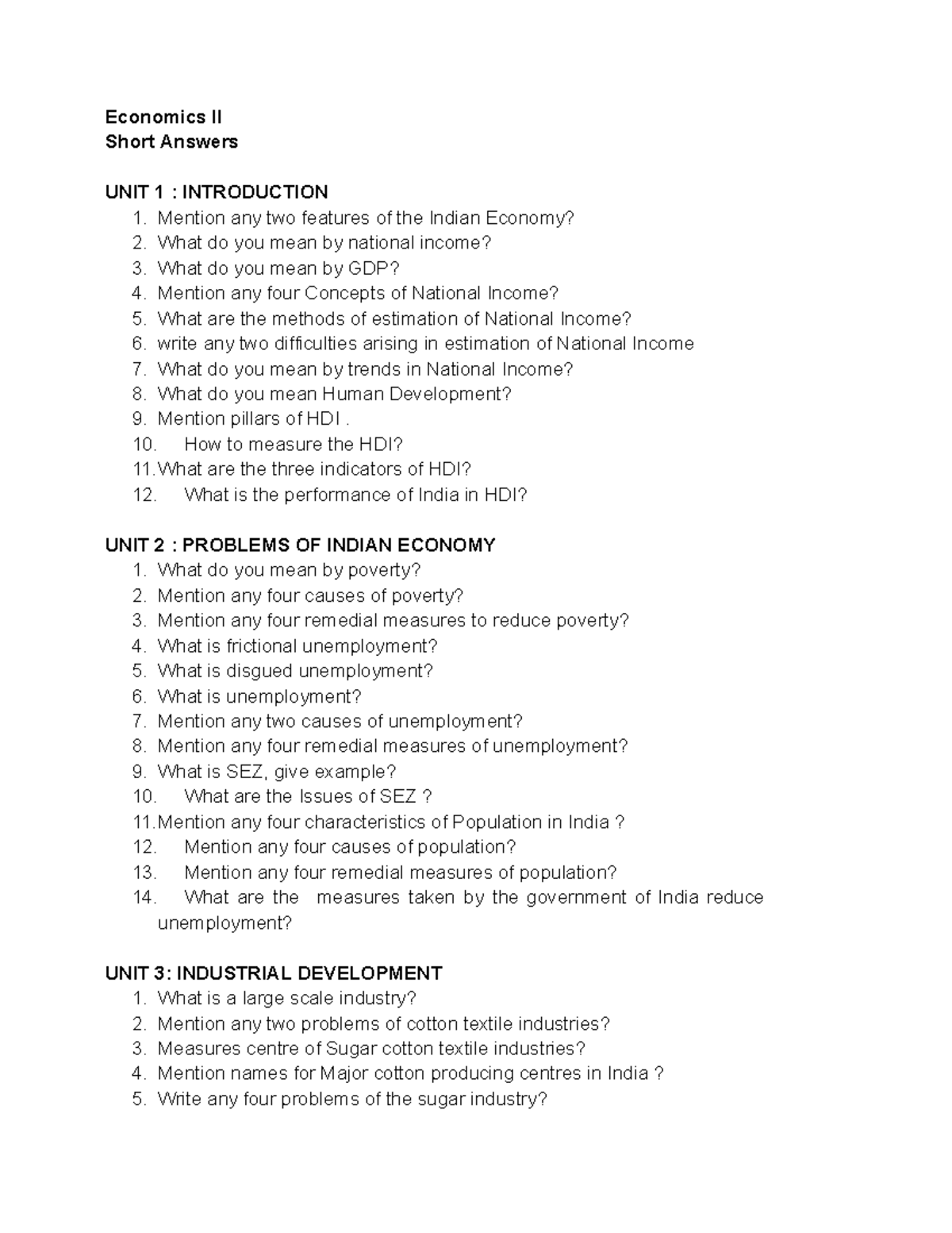 Economics II Short Questions: Key Concepts & Issues in Indian Economy ...