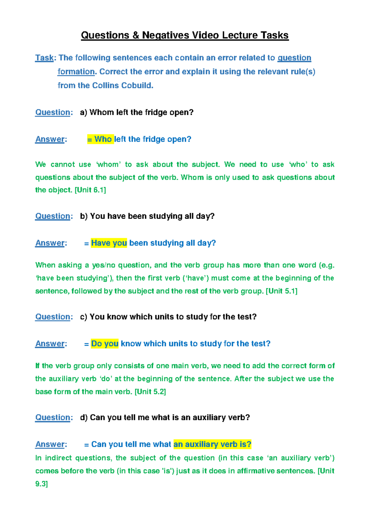 Questions & Negatives Video Tasks & Answer Key - Questions & Negatives ...