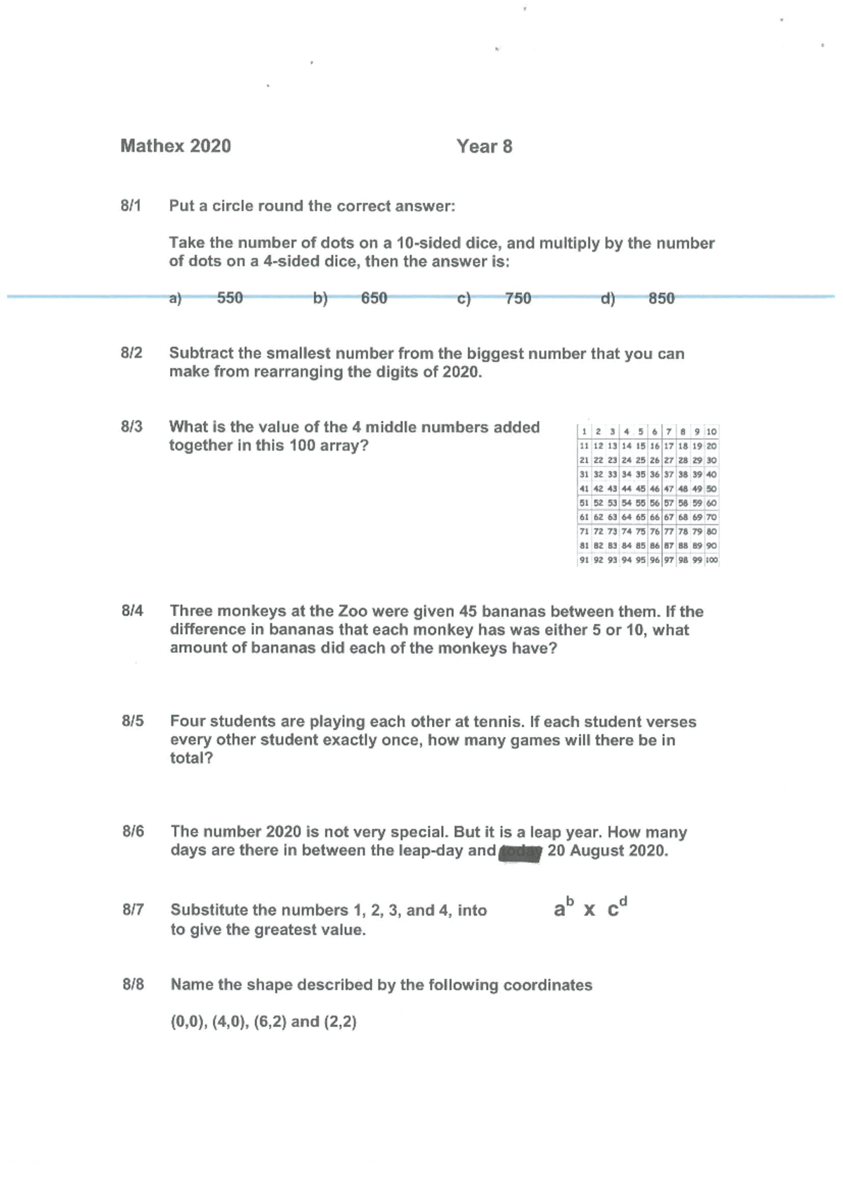 2020 Year 8 Math Practice Questions and Problems - Studocu