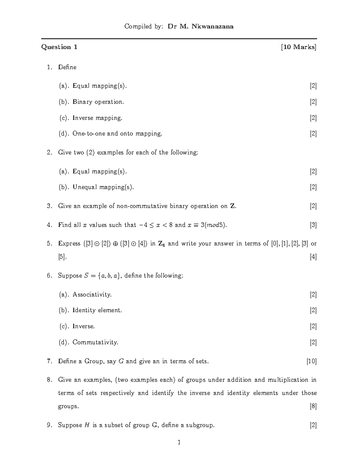 Exercises - MMTB031 Abstract Algebra Test 1 Questions - Studocu
